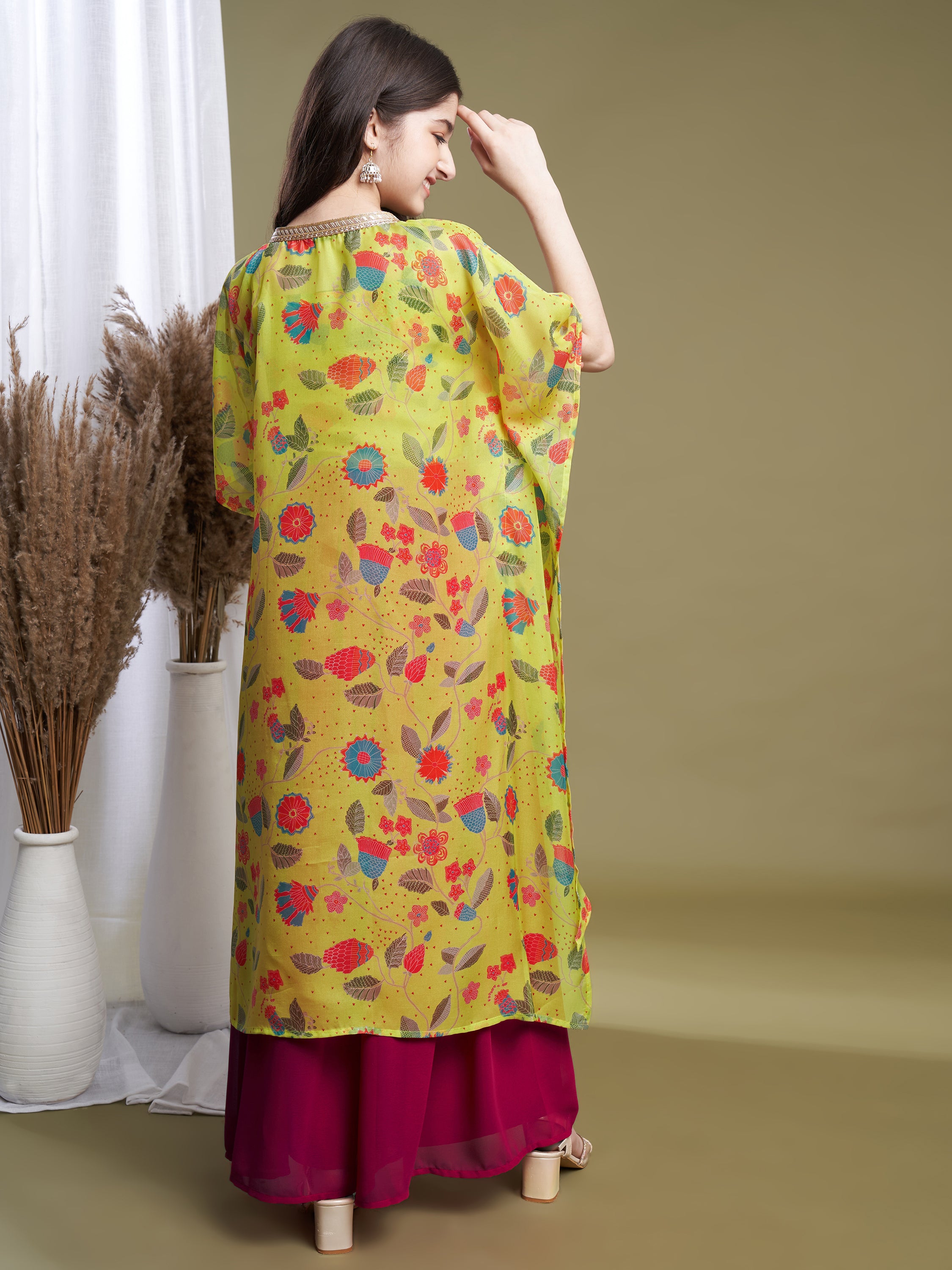 Girls Lime-Rani Georgette Printed Top-Plaza & Shrug Set