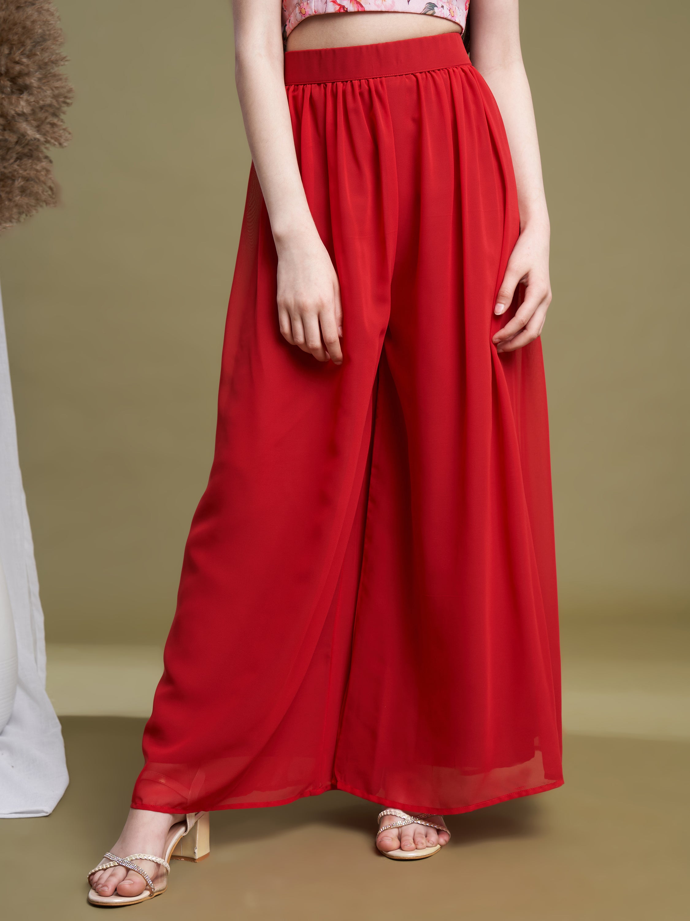 Girls Pink-Orange Georgette Printed Top-Plaza & Shrug Set