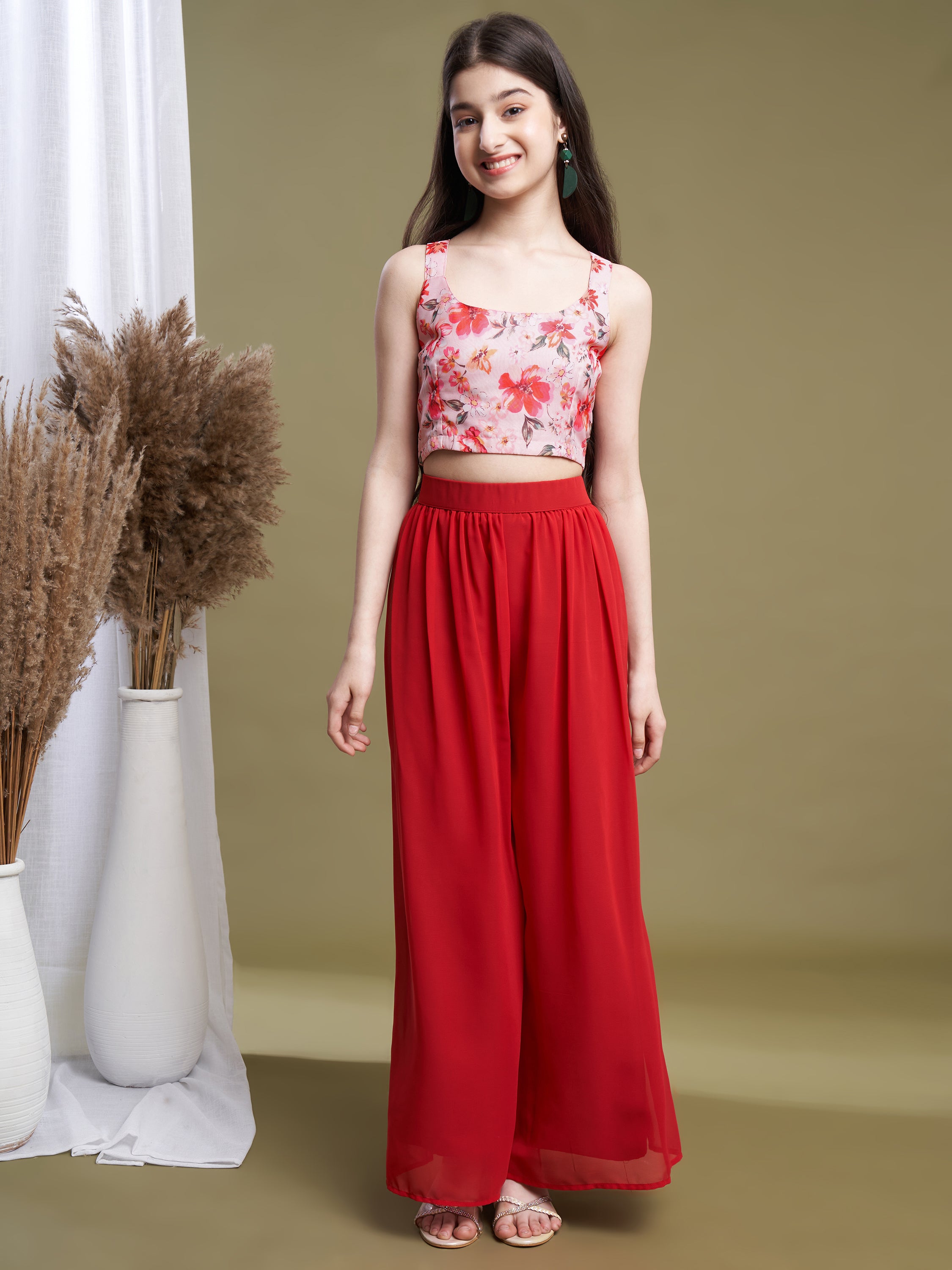 Girls Pink-Orange Georgette Printed Top-Plaza & Shrug Set