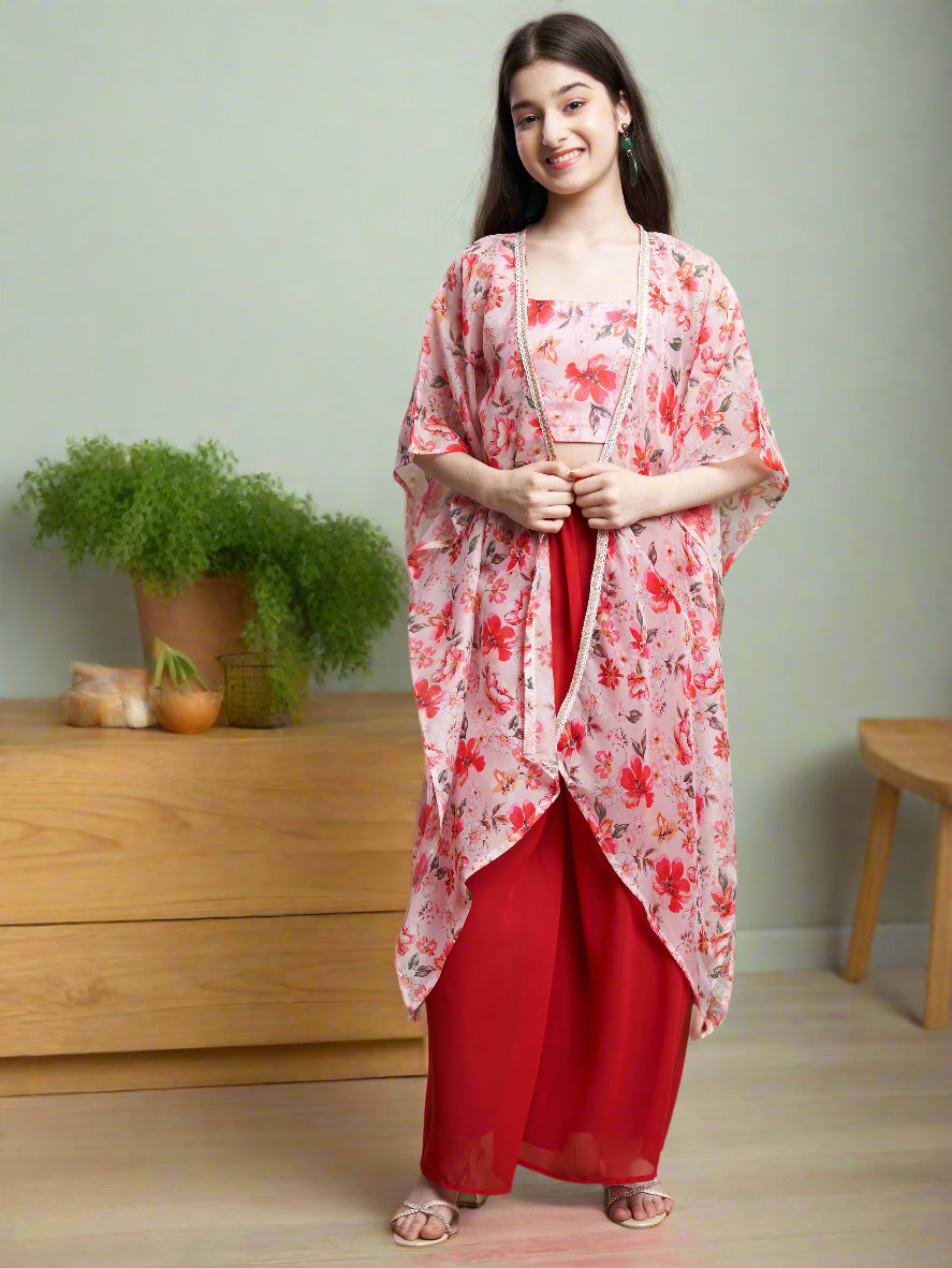 Girls Pink-Orange Georgette Printed Top-Plaza & Shrug Set
