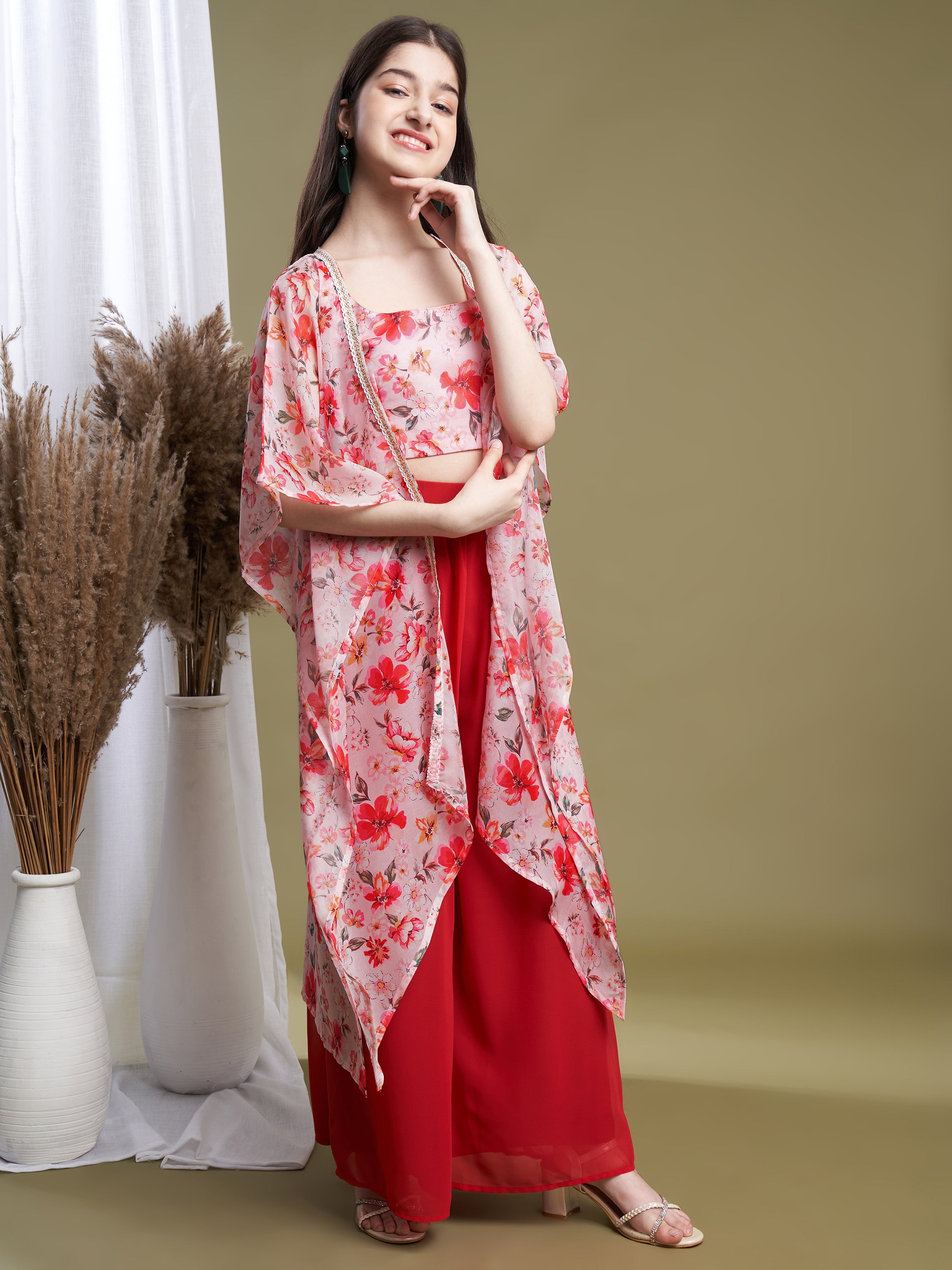 Girls Pink-Orange Georgette Printed Top-Plaza & Shrug Set