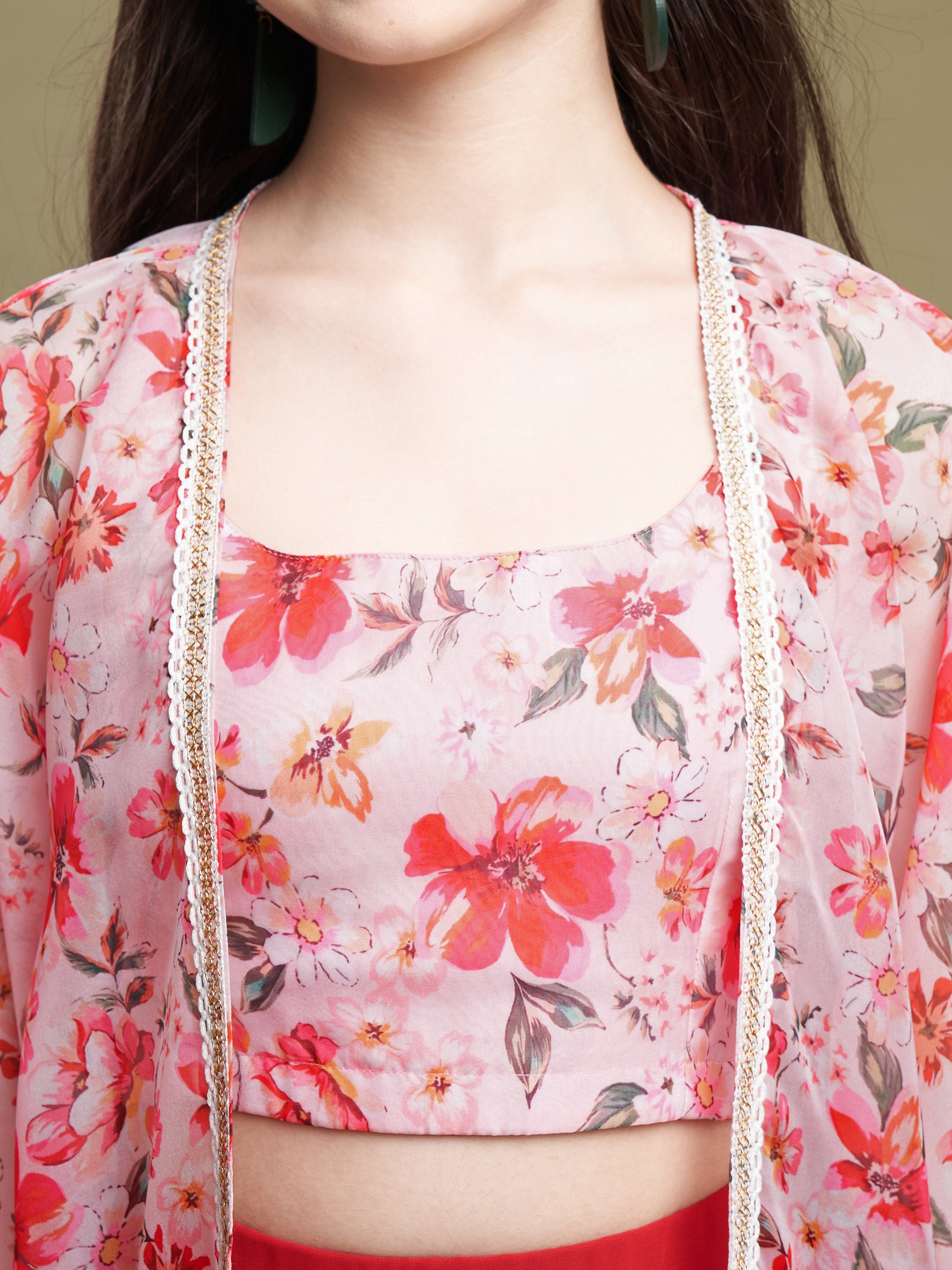 Girls Pink-Orange Georgette Printed Top-Plaza & Shrug Set