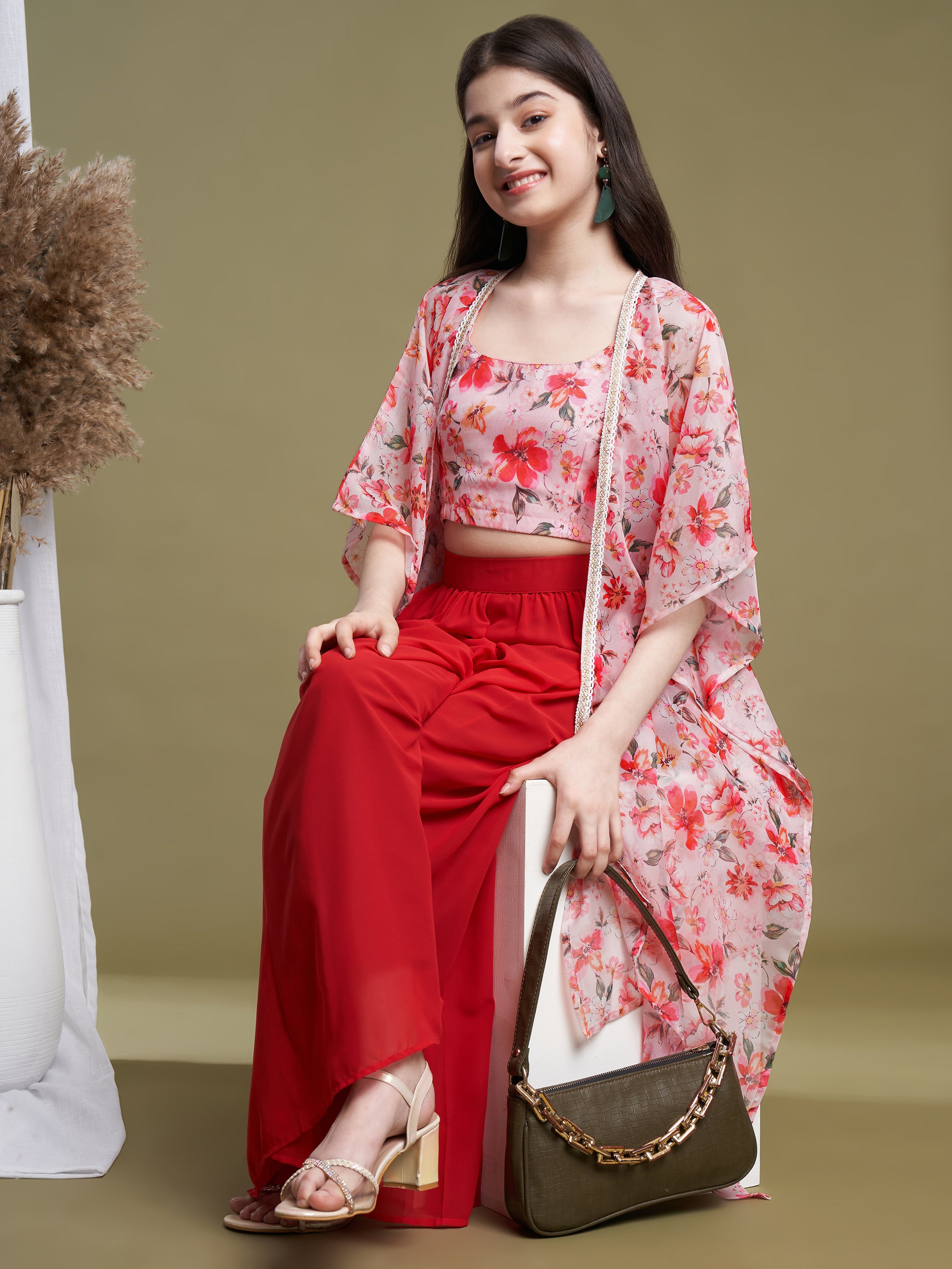 Girls Pink-Orange Georgette Printed Top-Plaza & Shrug Set