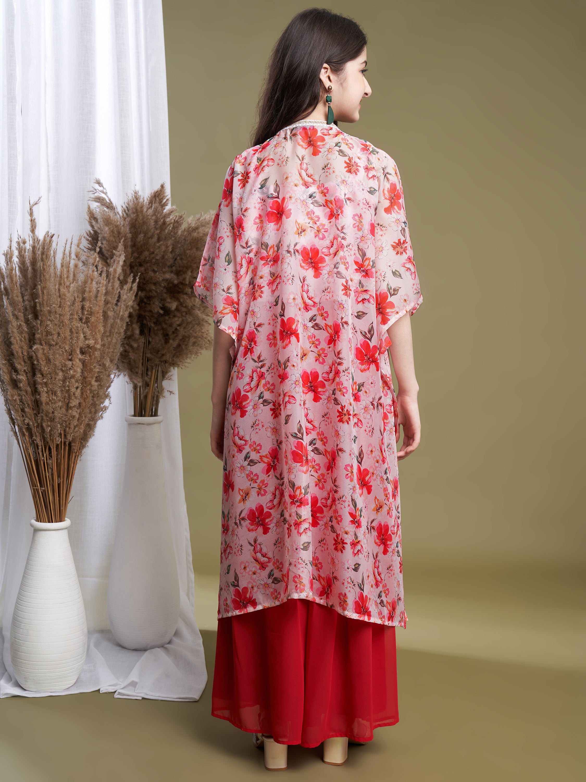 Girls Pink-Orange Georgette Printed Top-Plaza & Shrug Set