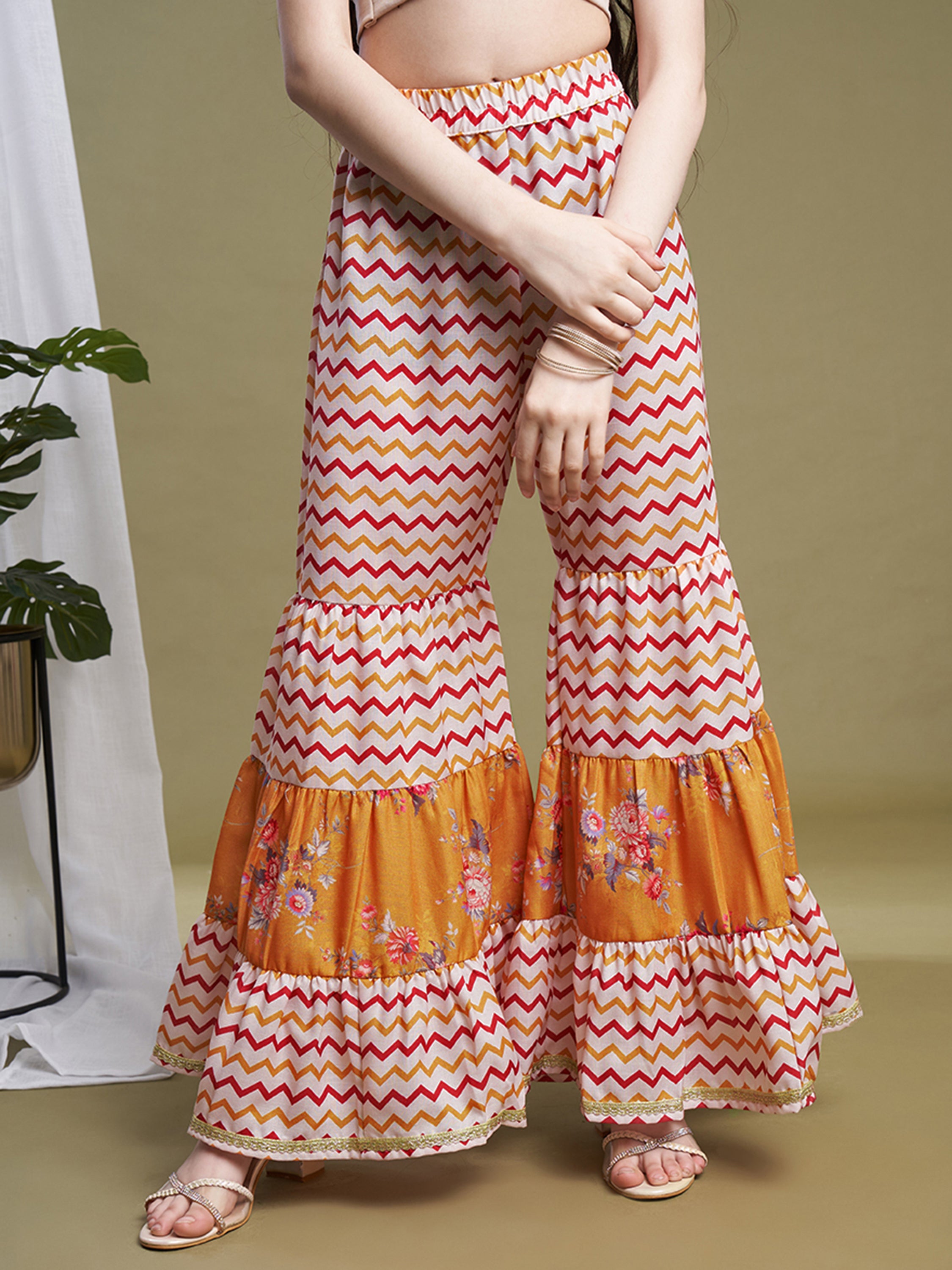 Girls Mustard Poly Cotton Printed Kurta Sharara Set
