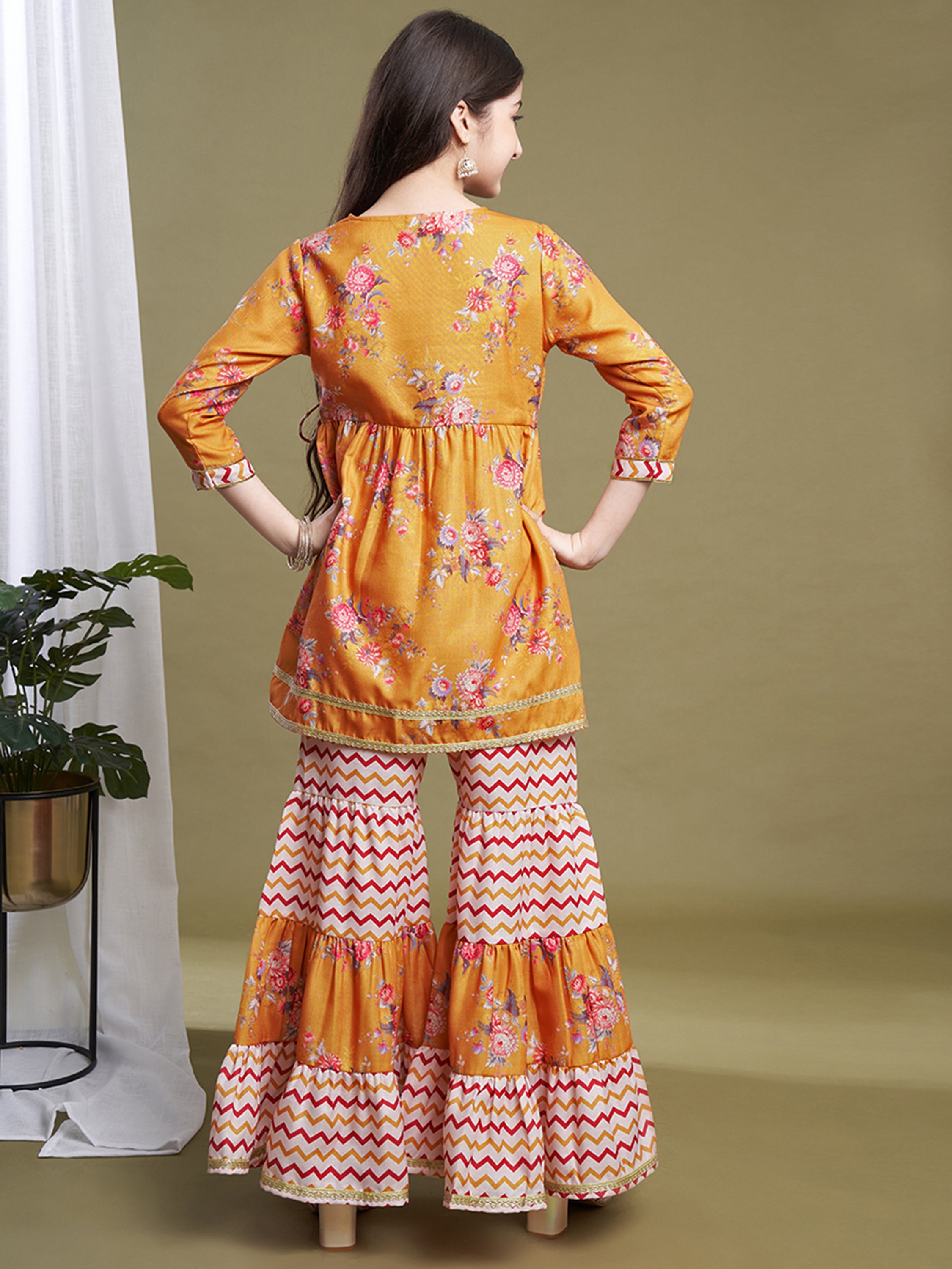 Girls Mustard Poly Cotton Printed Kurta Sharara Set