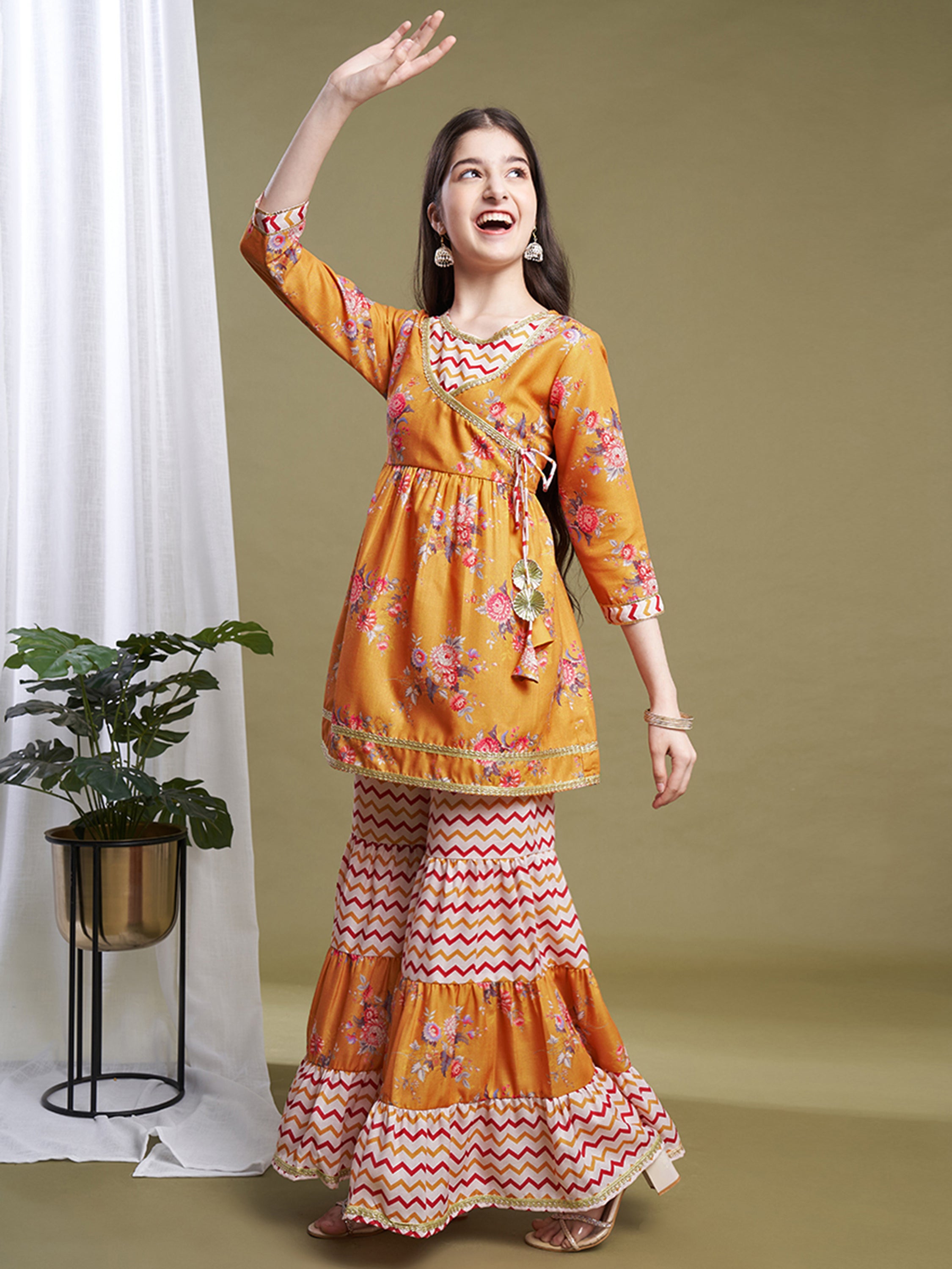 Girls Mustard Poly Cotton Printed Kurta Sharara Set
