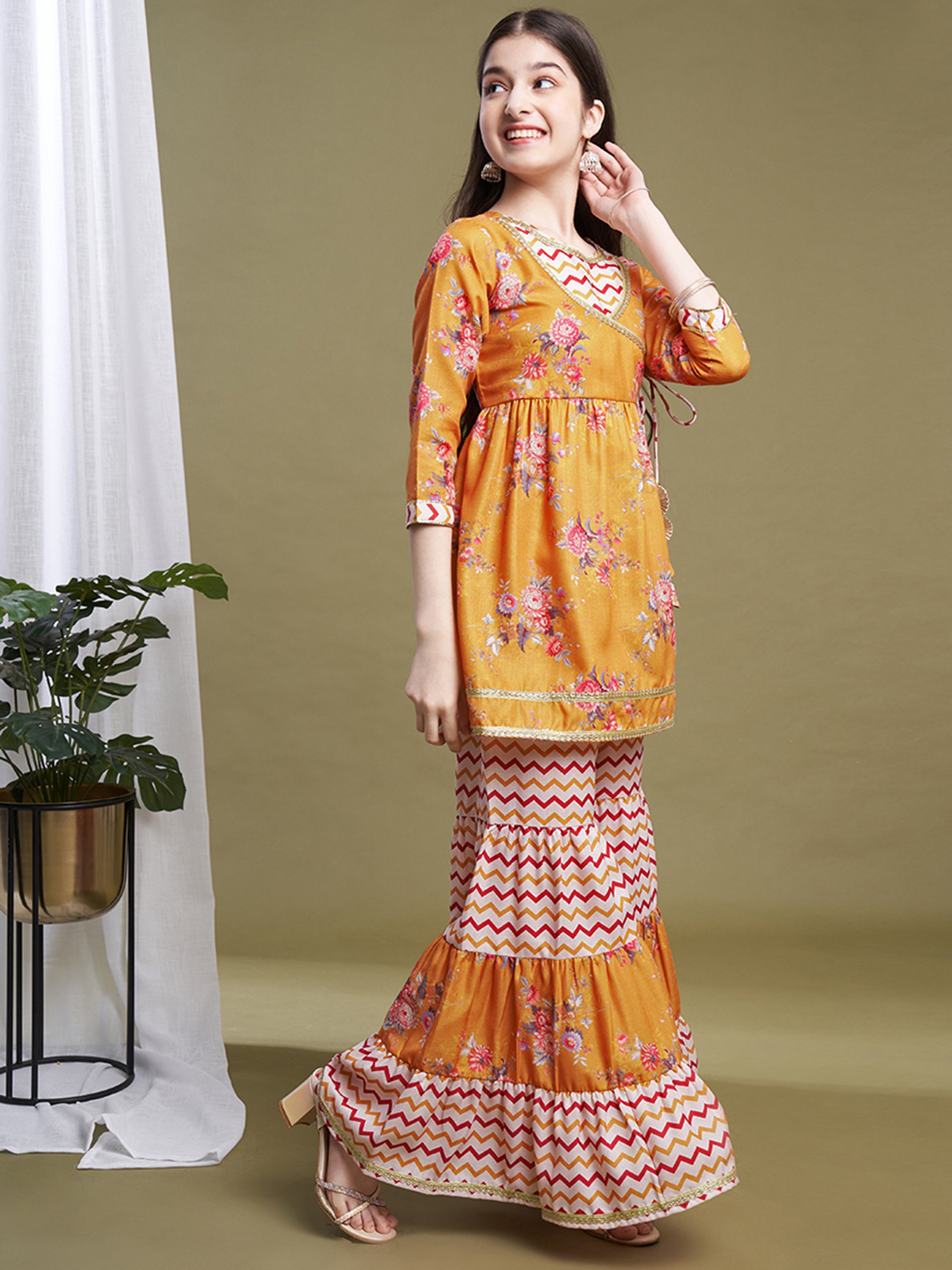 Girls Mustard Poly Cotton Printed Kurta Sharara Set