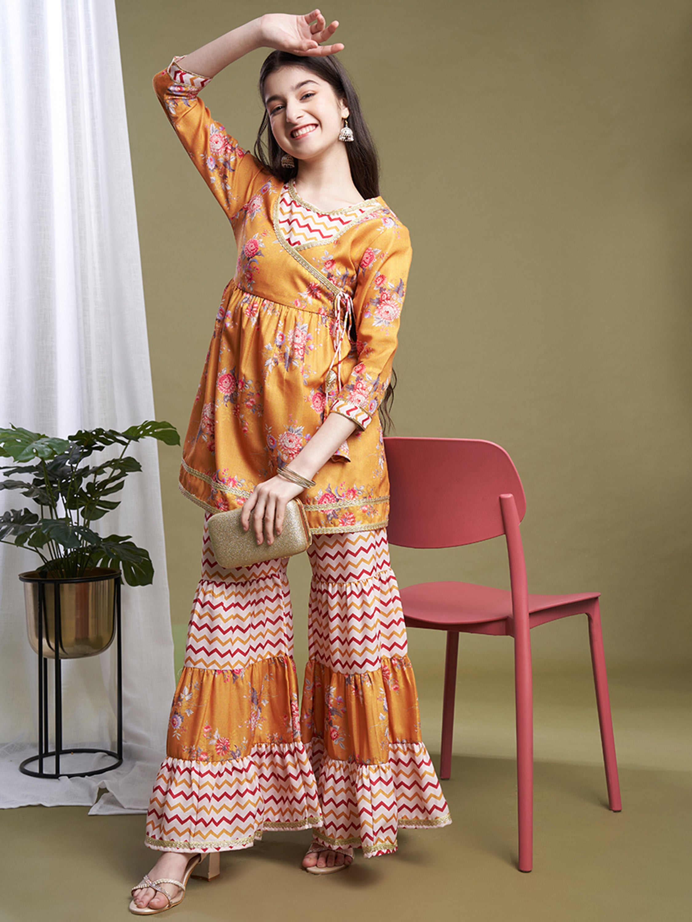 Girls Mustard Poly Cotton Printed Kurta Sharara Set