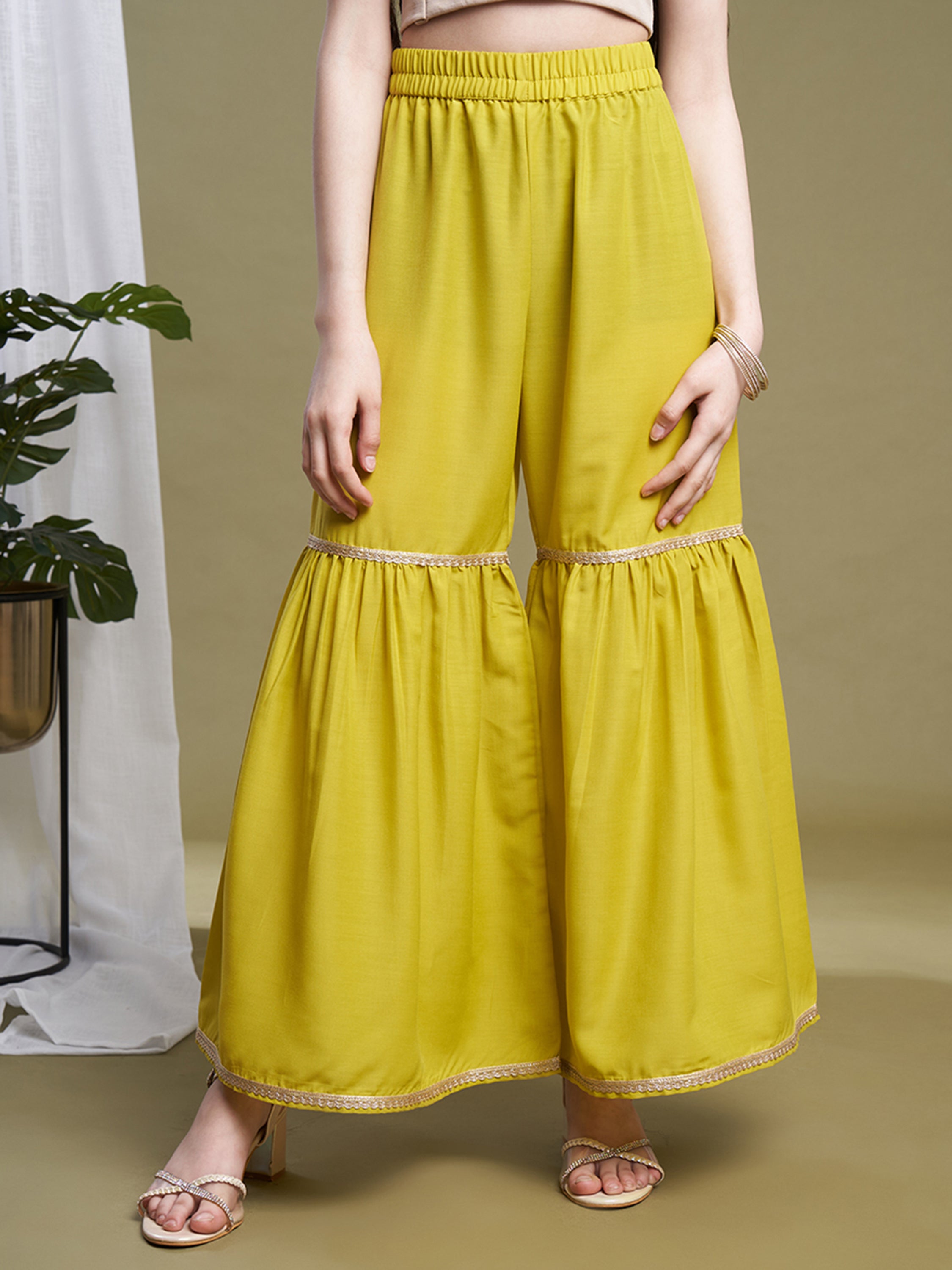 Girls Navy Blue-Lime Organza Printed Kurta Sharara Set