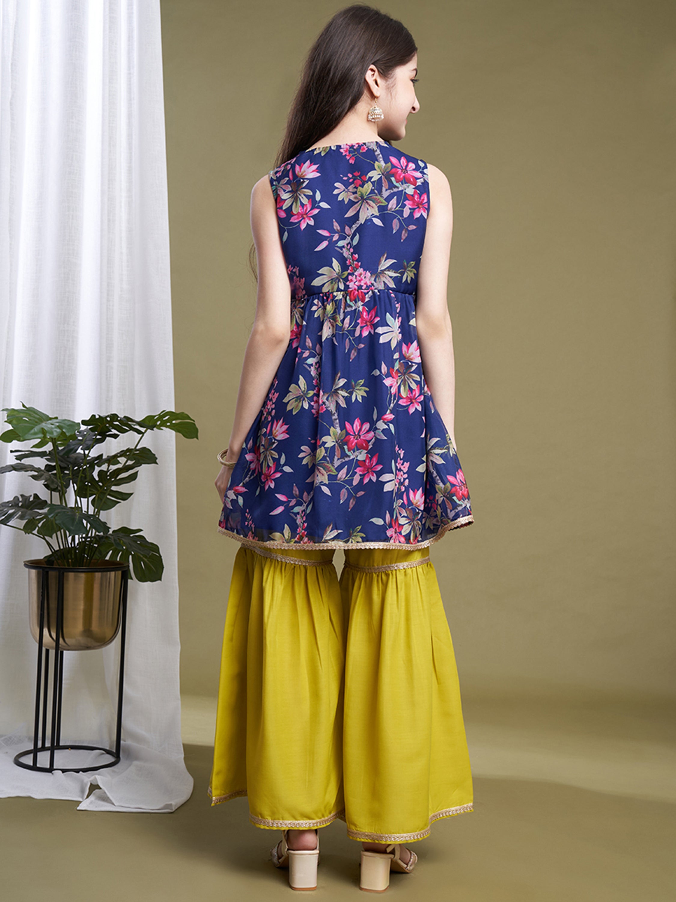 Girls Navy Blue-Lime Organza Printed Kurta Sharara Set