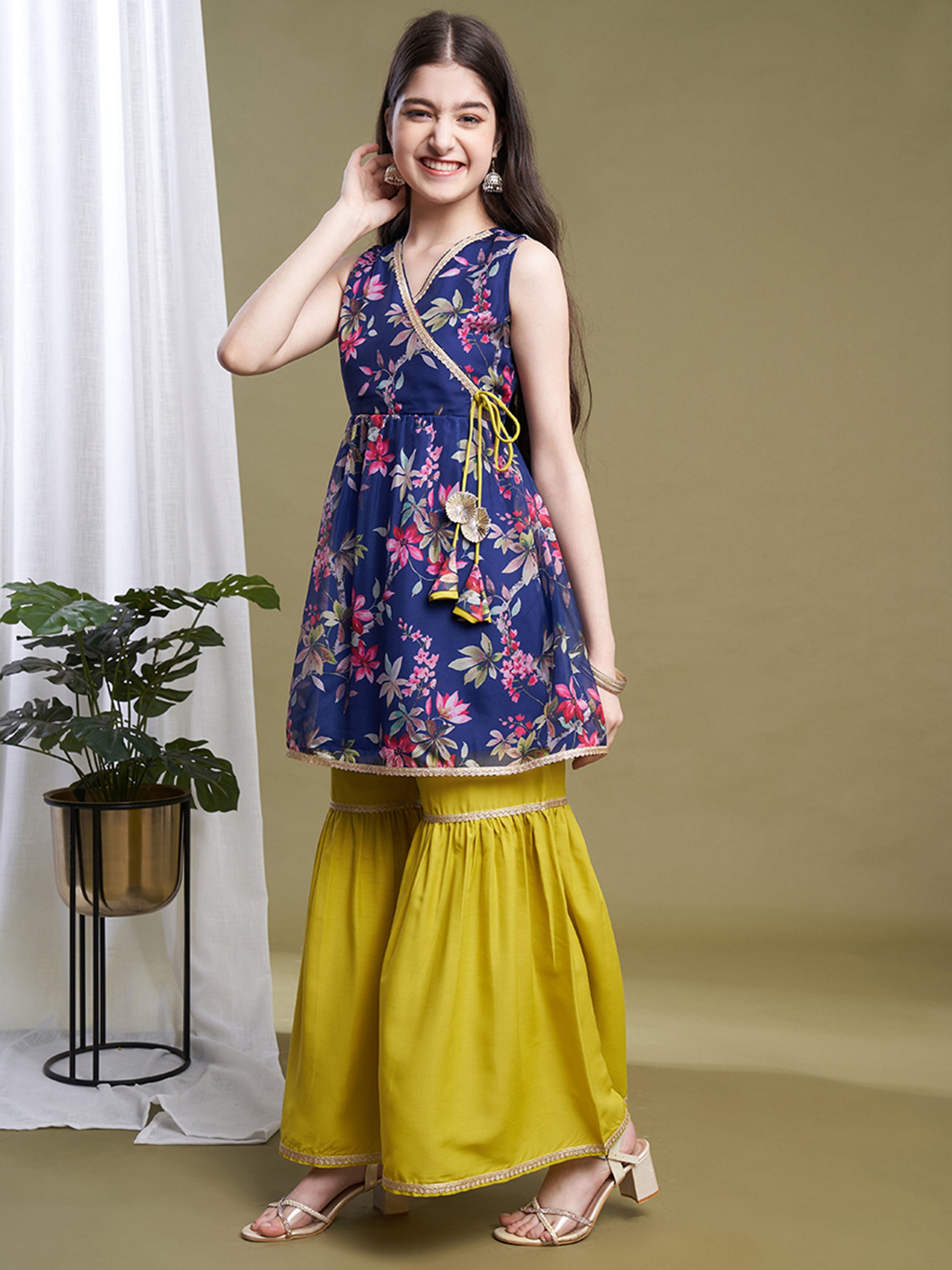 Girls Navy Blue-Lime Organza Printed Kurta Sharara Set
