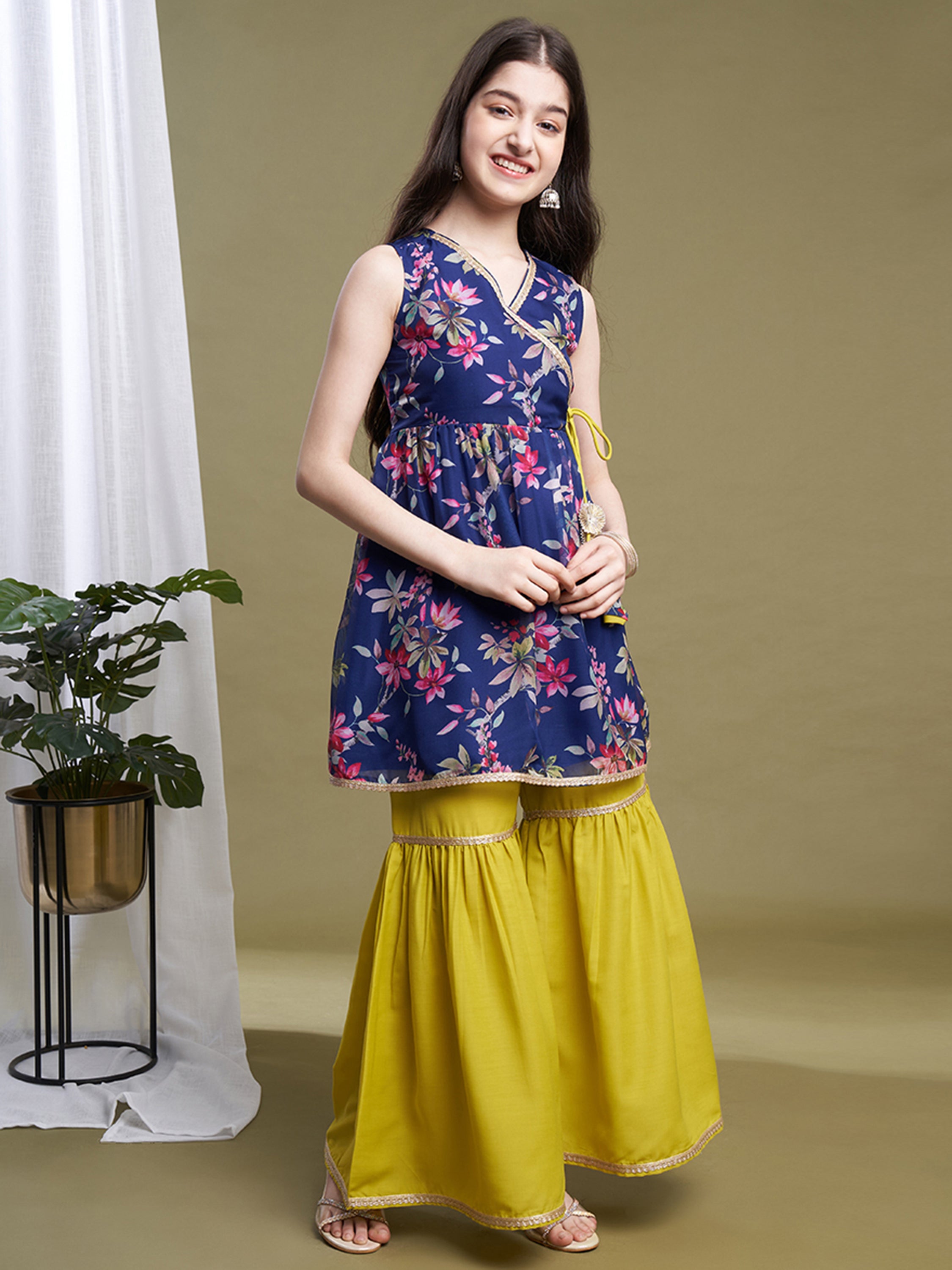 Girls Navy Blue-Lime Organza Printed Kurta Sharara Set
