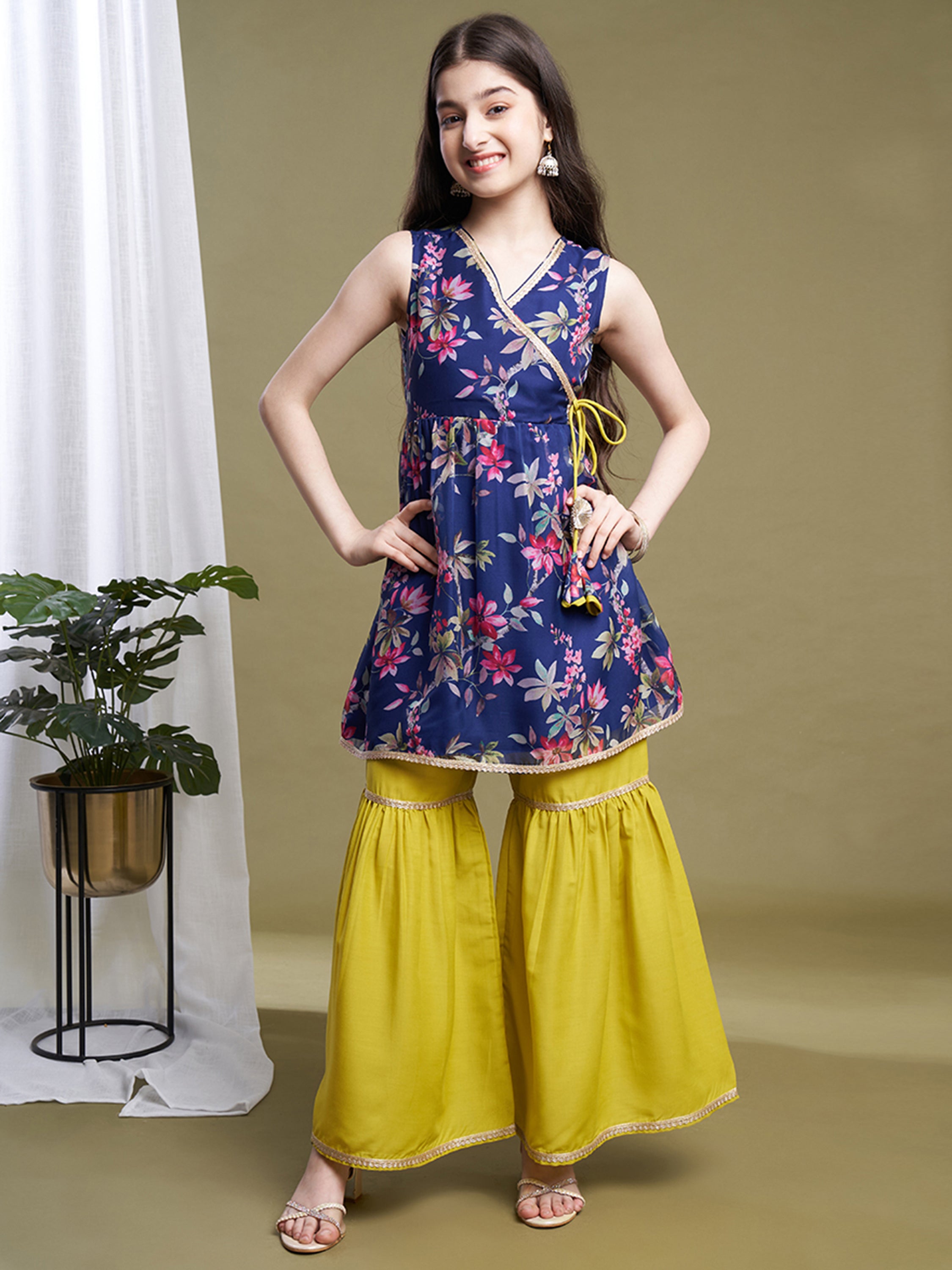 Girls Navy Blue-Lime Organza Printed Kurta Sharara Set