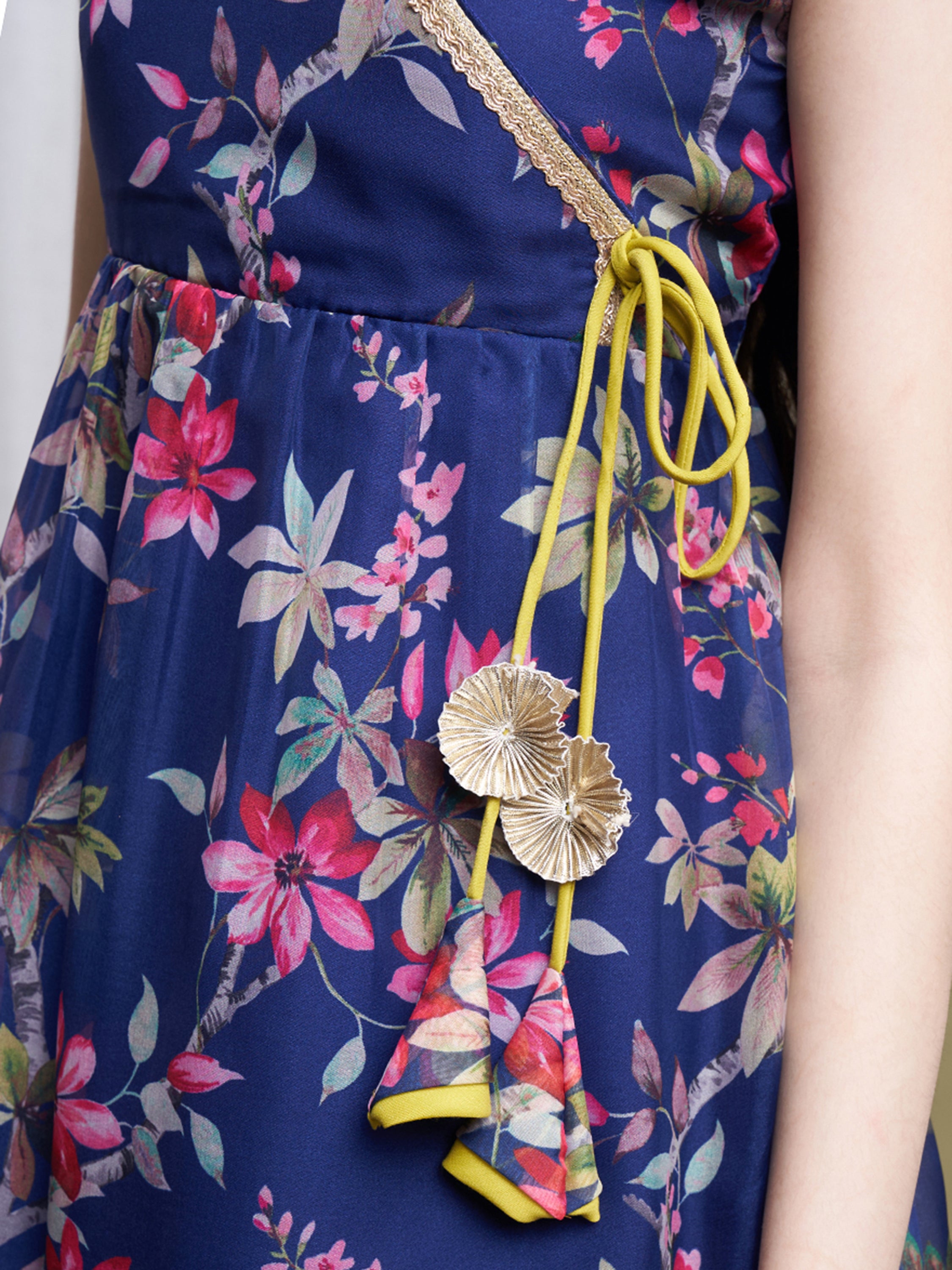 Girls Navy Blue-Lime Organza Printed Kurta Sharara Set