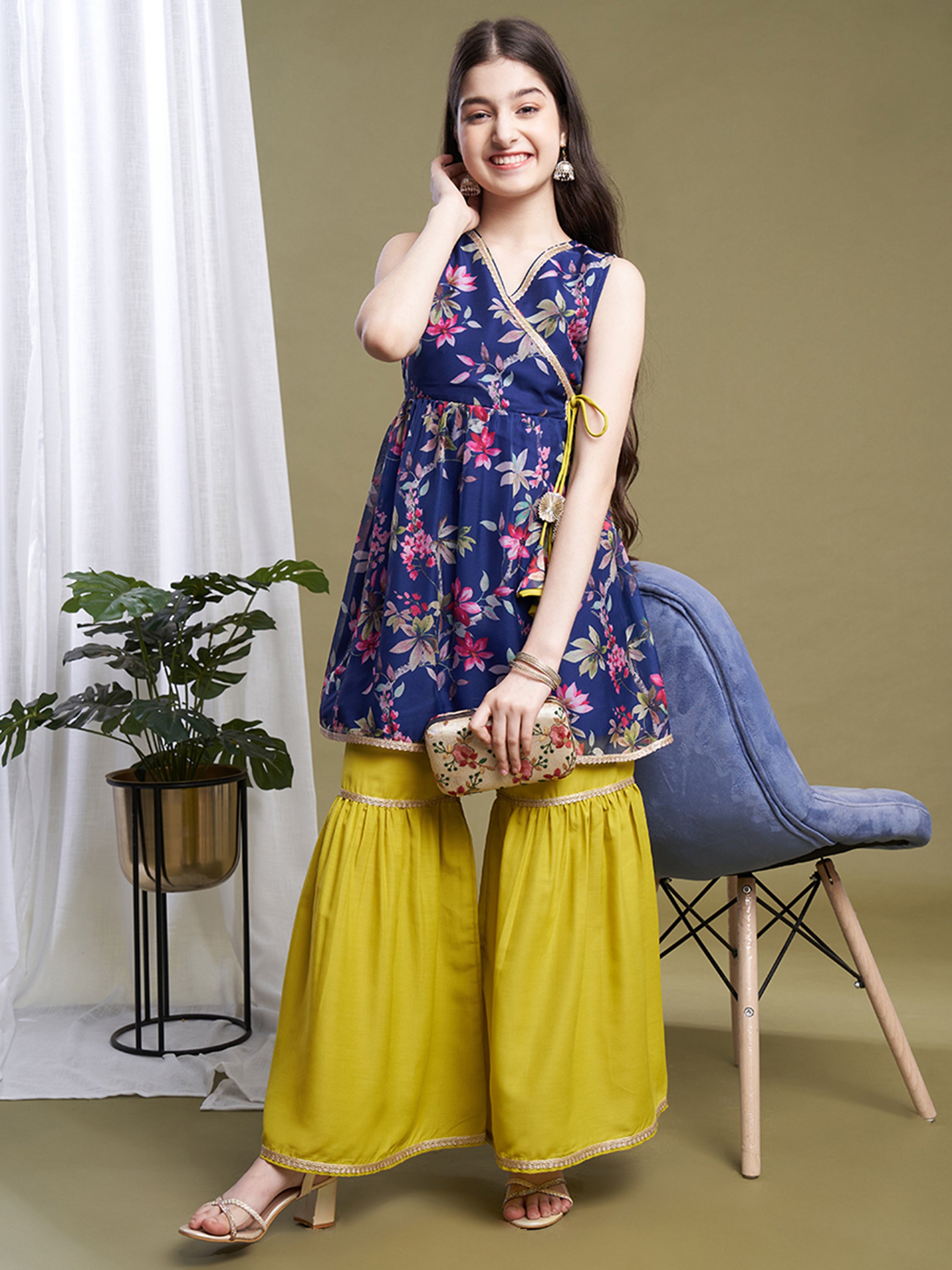 Girls Navy Blue-Lime Organza Printed Kurta Sharara Set