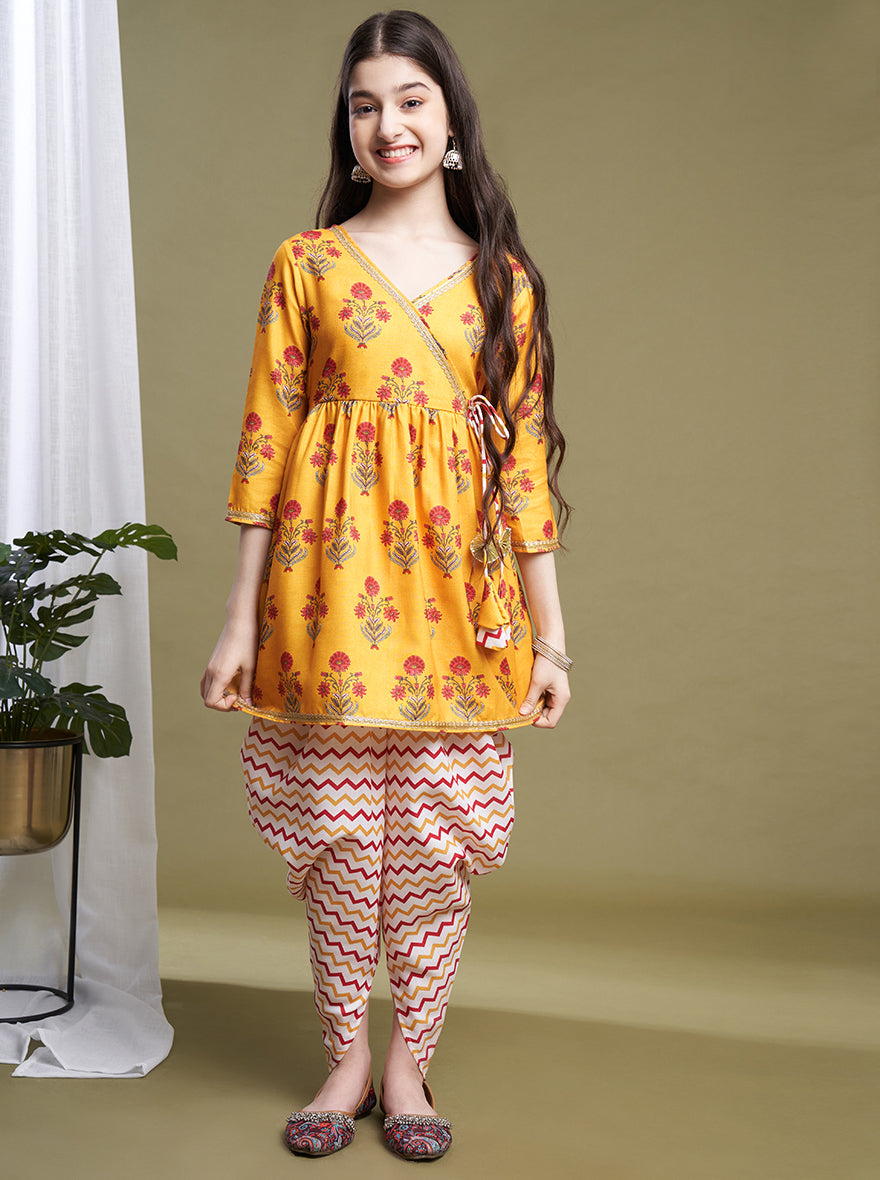 Girls Yellow Poly Cotton Printed Kurta Dhoti Set