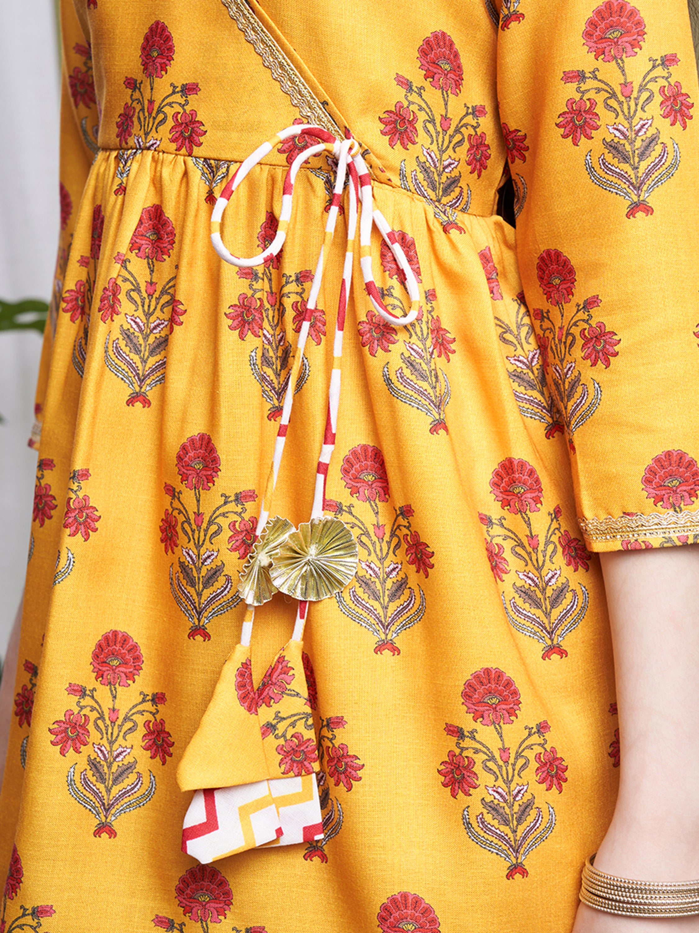Girls Yellow Poly Cotton Printed Kurta Dhoti Set