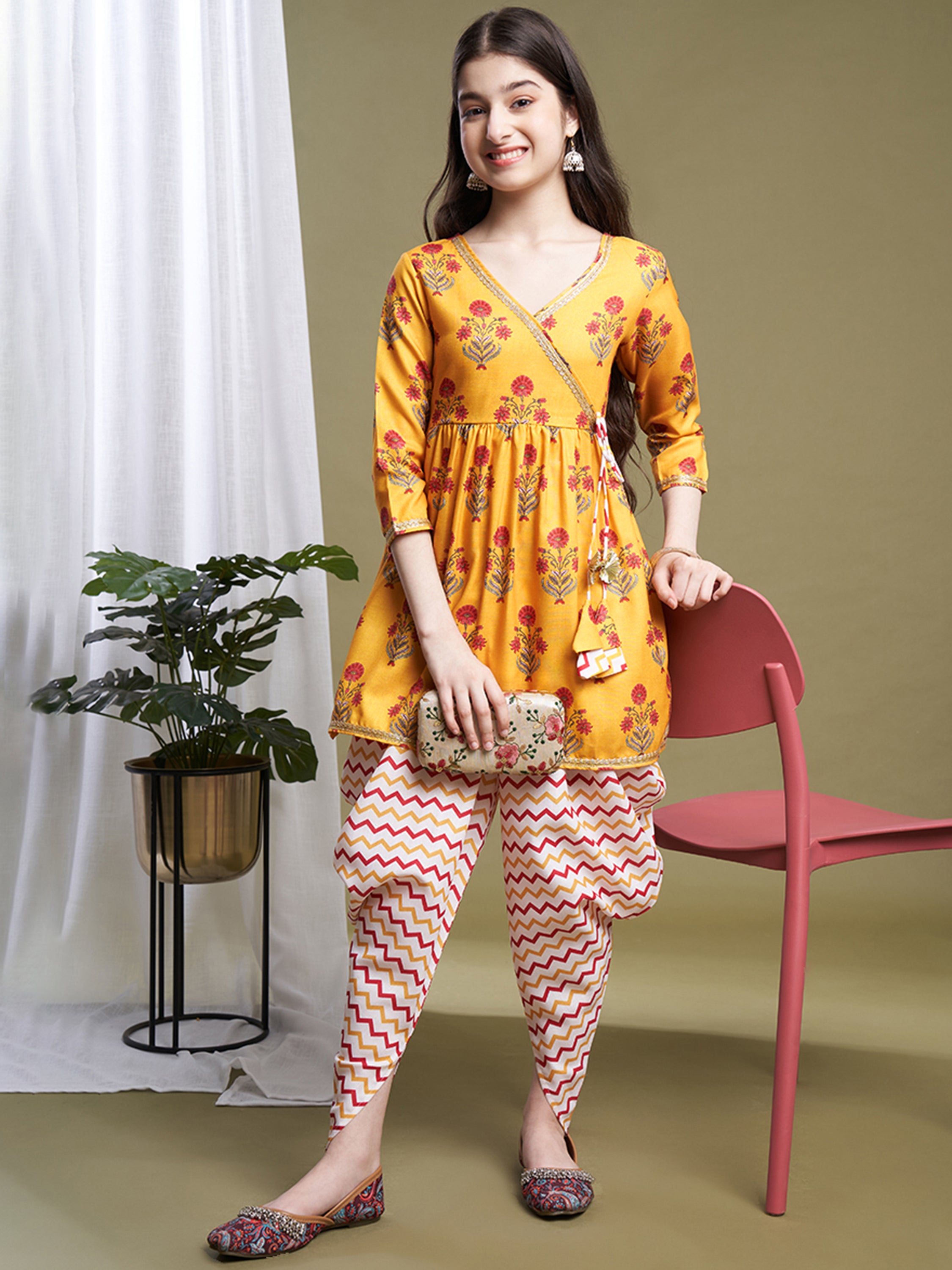 Girls Yellow Poly Cotton Printed Kurta Dhoti Set