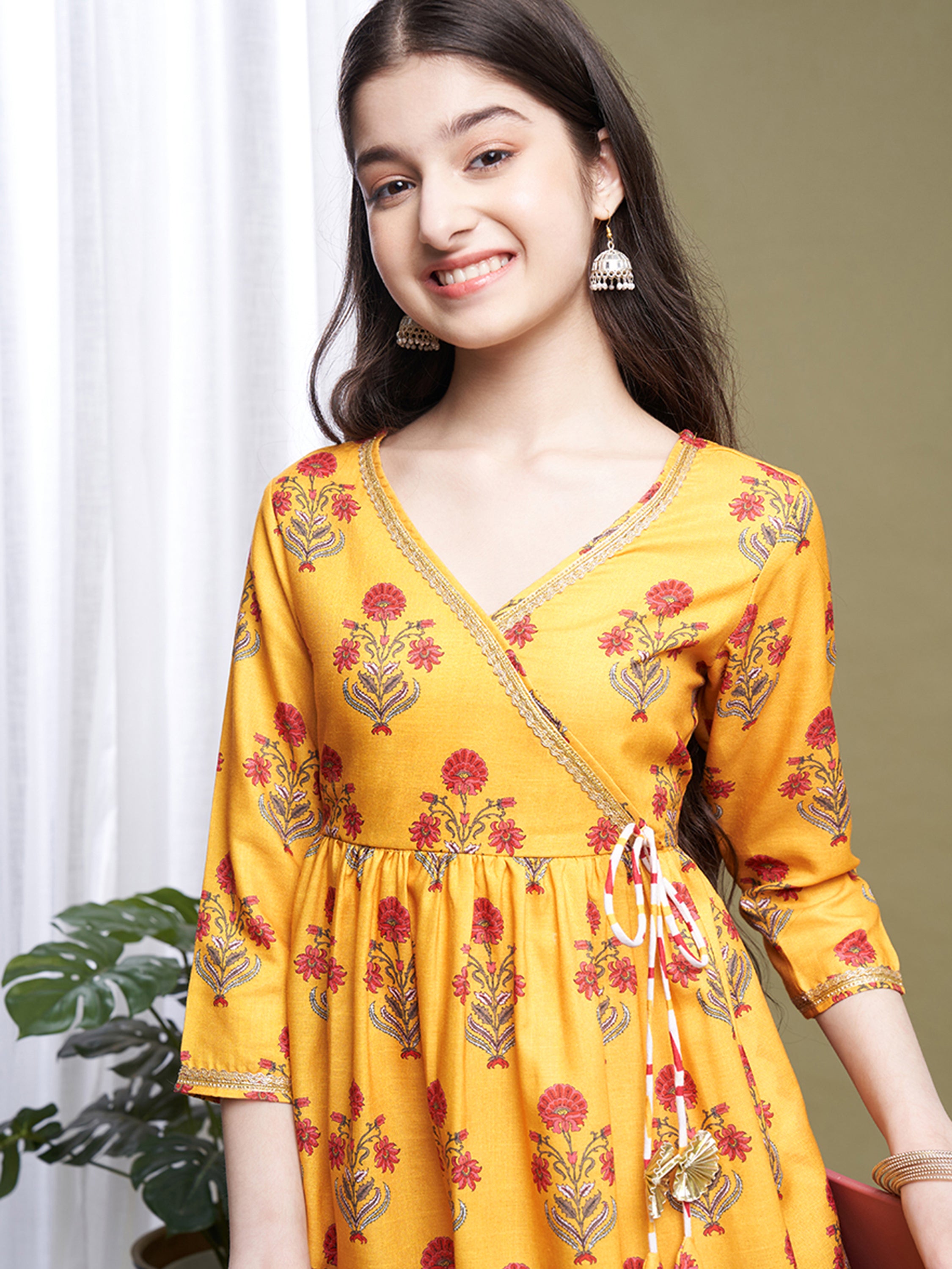Girls Yellow Poly Cotton Printed Kurta Dhoti Set