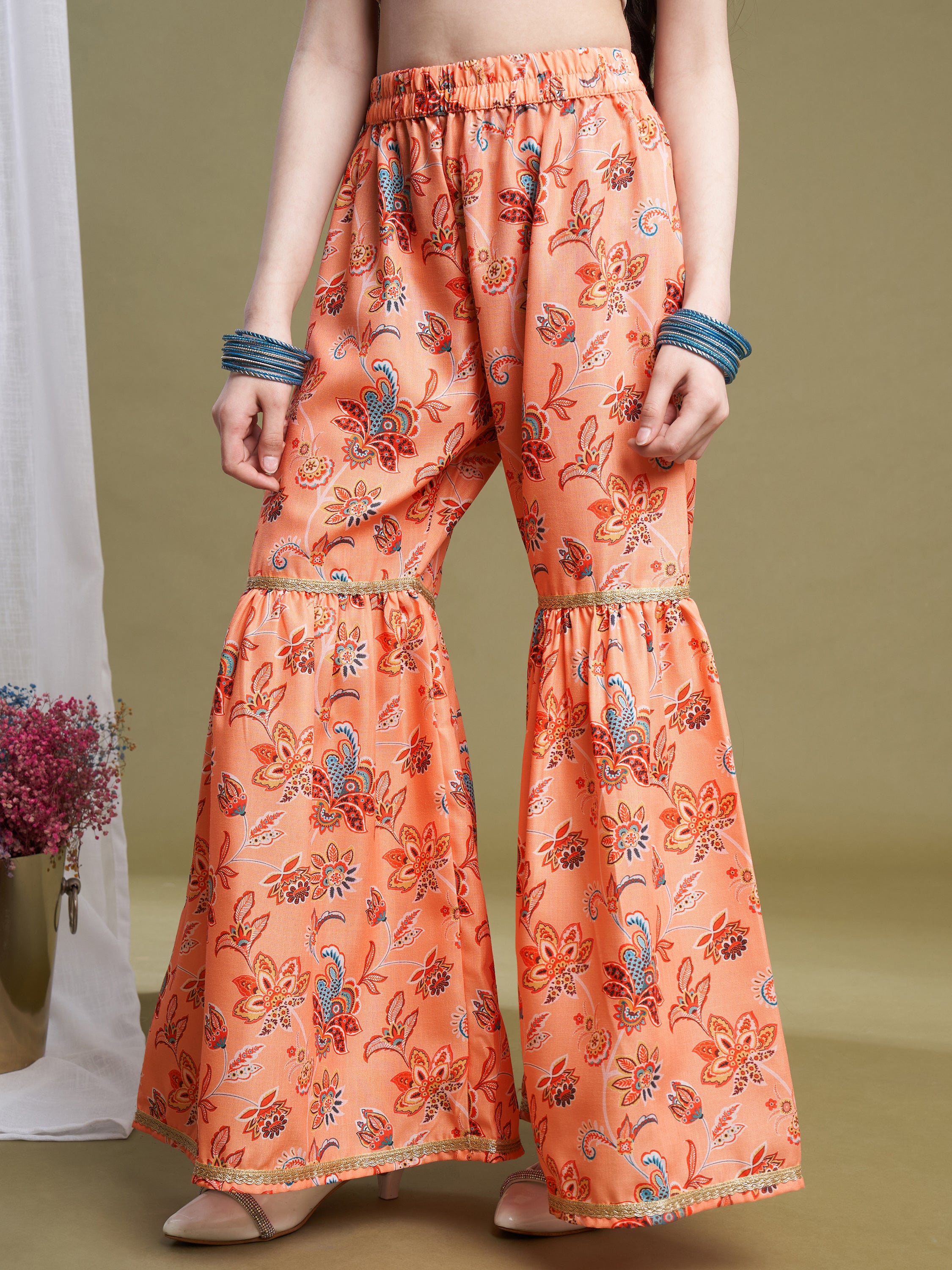 Girls Orange Poly Cotton Printed Kurta Sharara Set