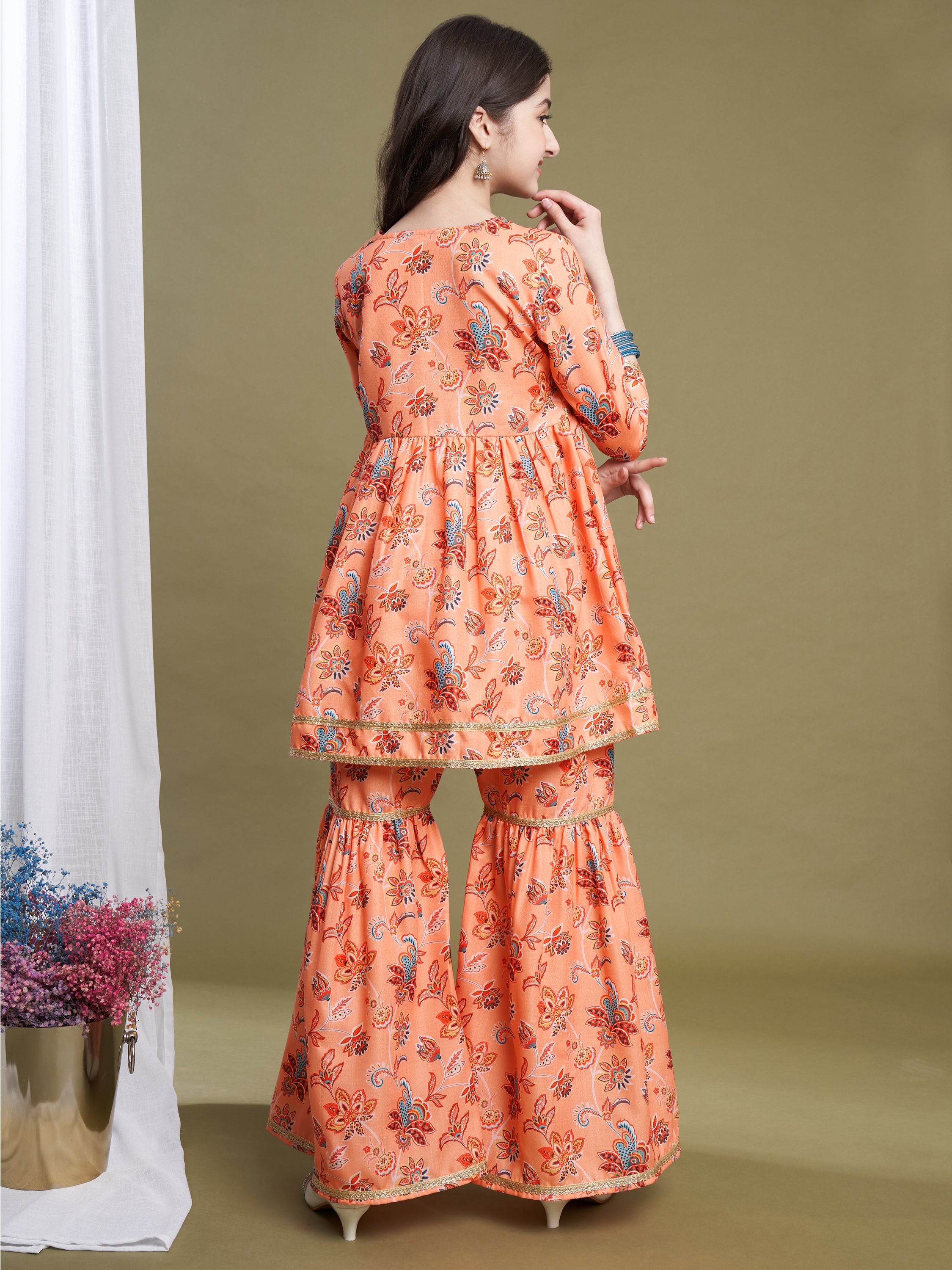 Girls Orange Poly Cotton Printed Kurta Sharara Set