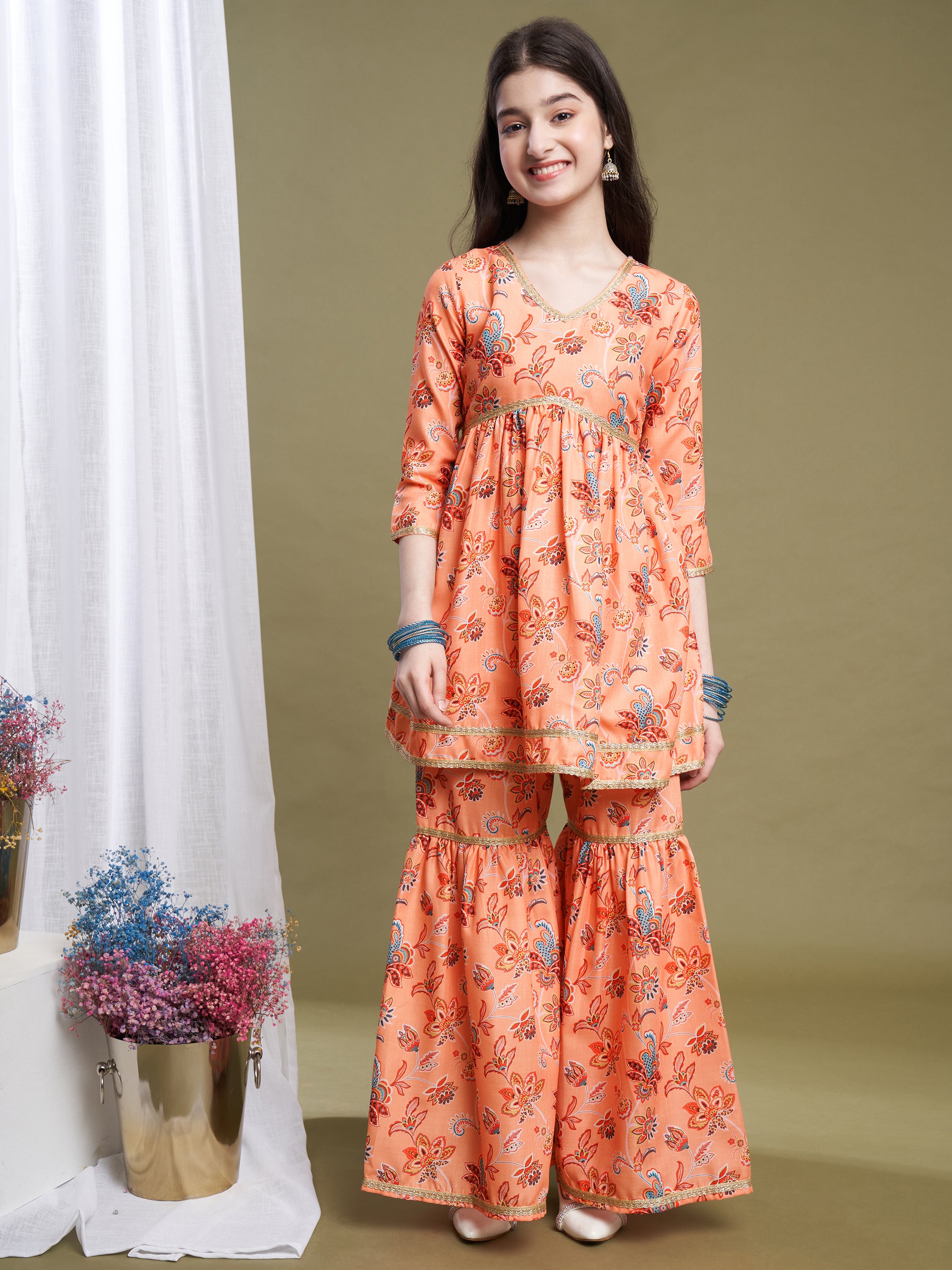 Girls Orange Poly Cotton Printed Kurta Sharara Set