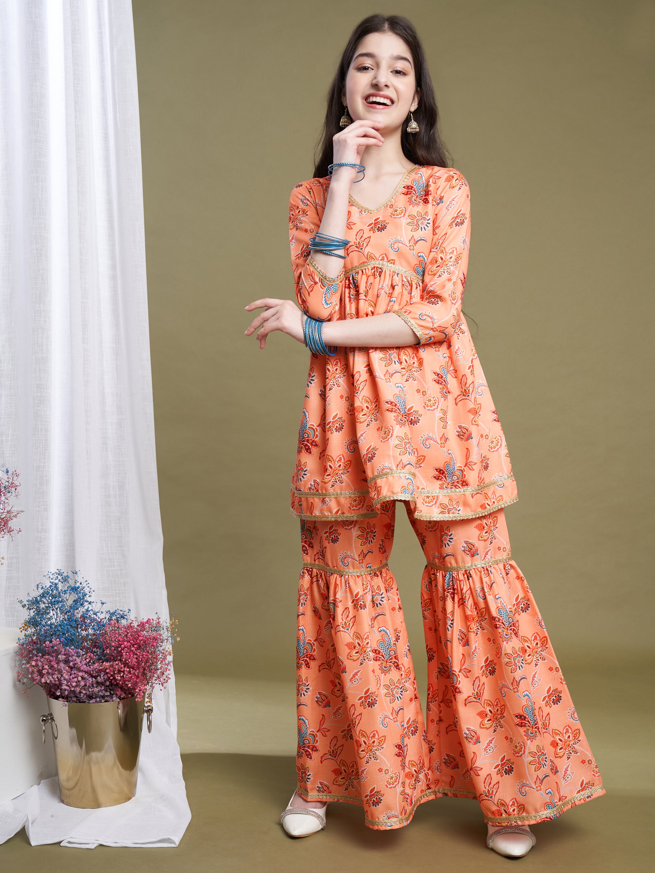 Girls Orange Poly Cotton Printed Kurta Sharara Set