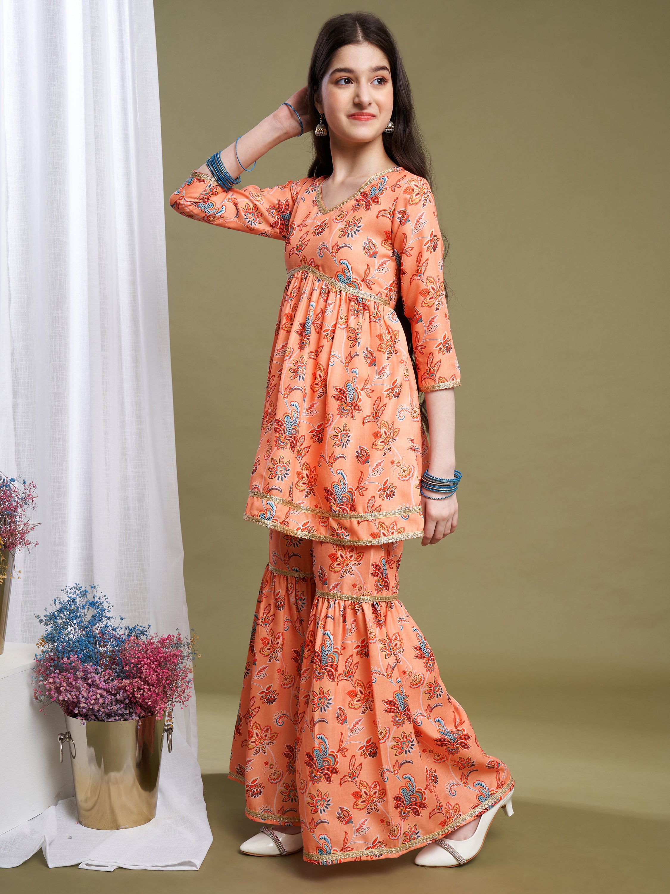 Girls Orange Poly Cotton Printed Kurta Sharara Set