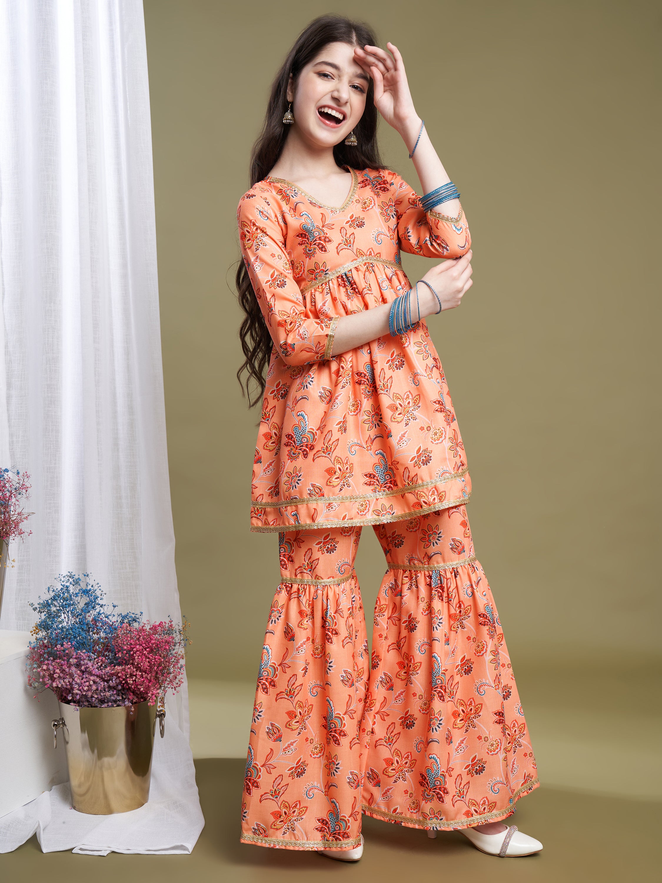 Girls Orange Poly Cotton Printed Kurta Sharara Set