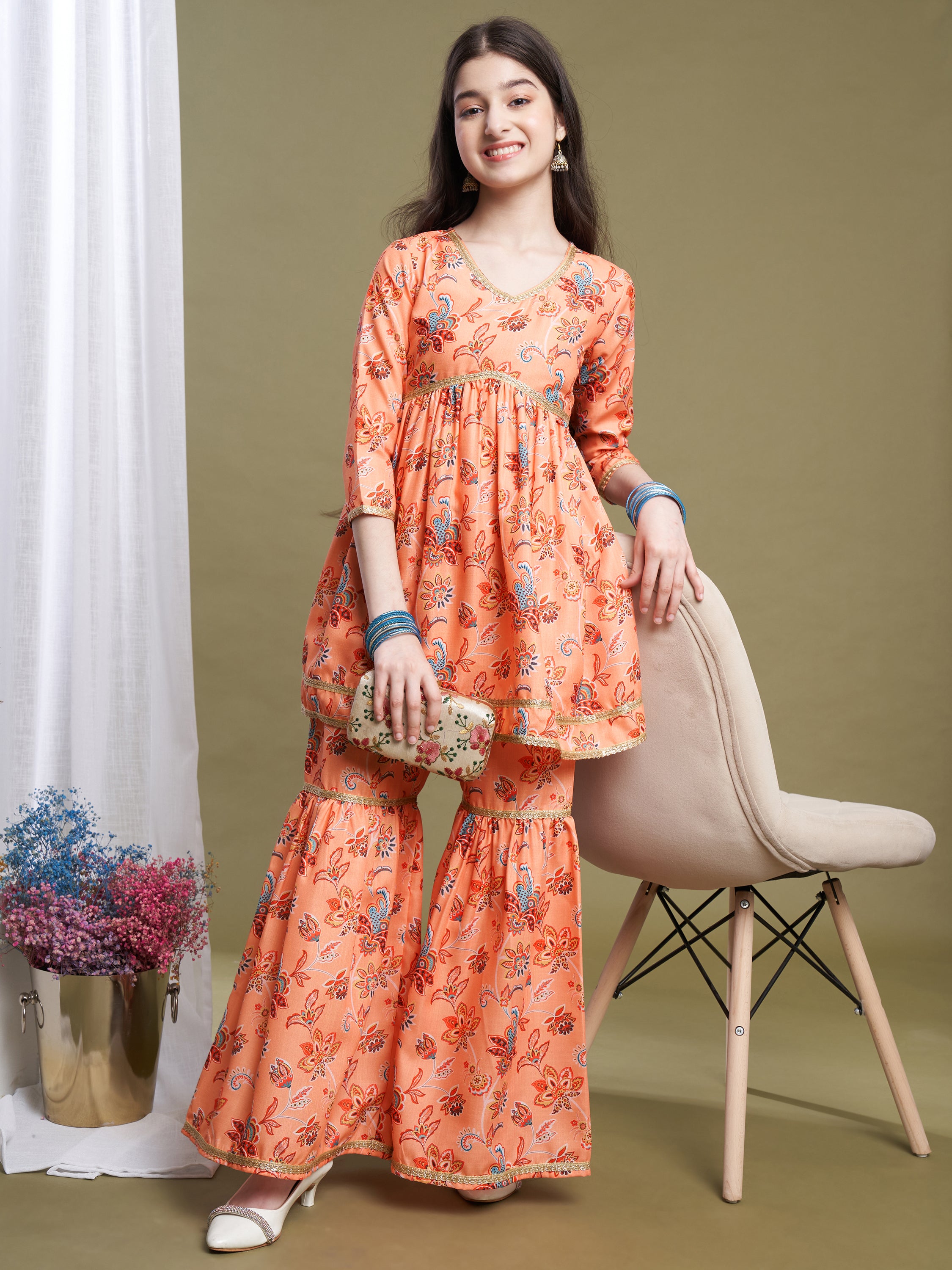 Girls Orange Poly Cotton Printed Kurta Sharara Set