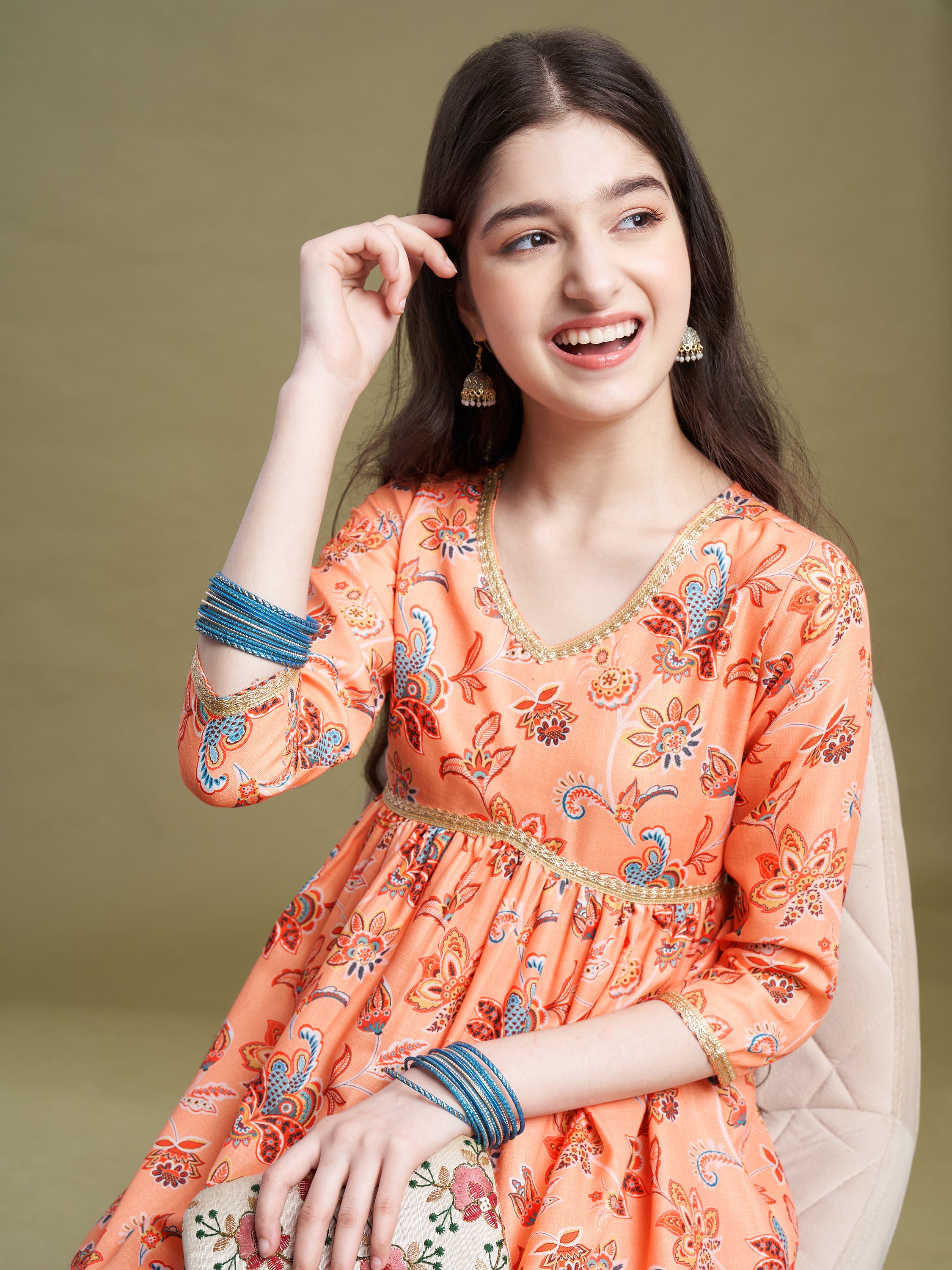 Girls Orange Poly Cotton Printed Kurta Sharara Set