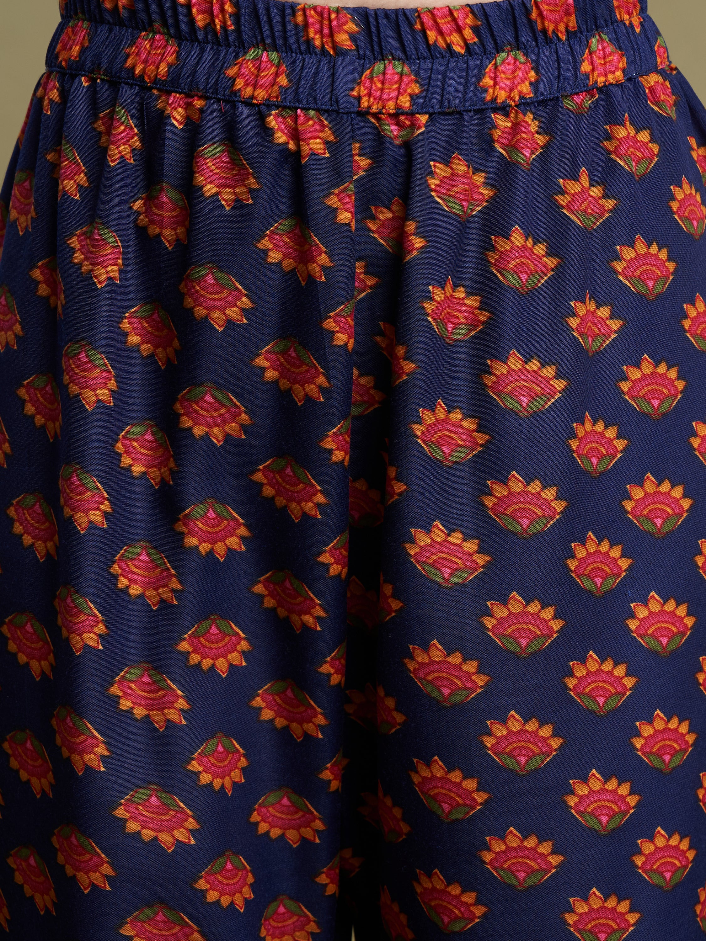 Girls Navy Blue Poly Cotton Printed Kurta Sharara Set