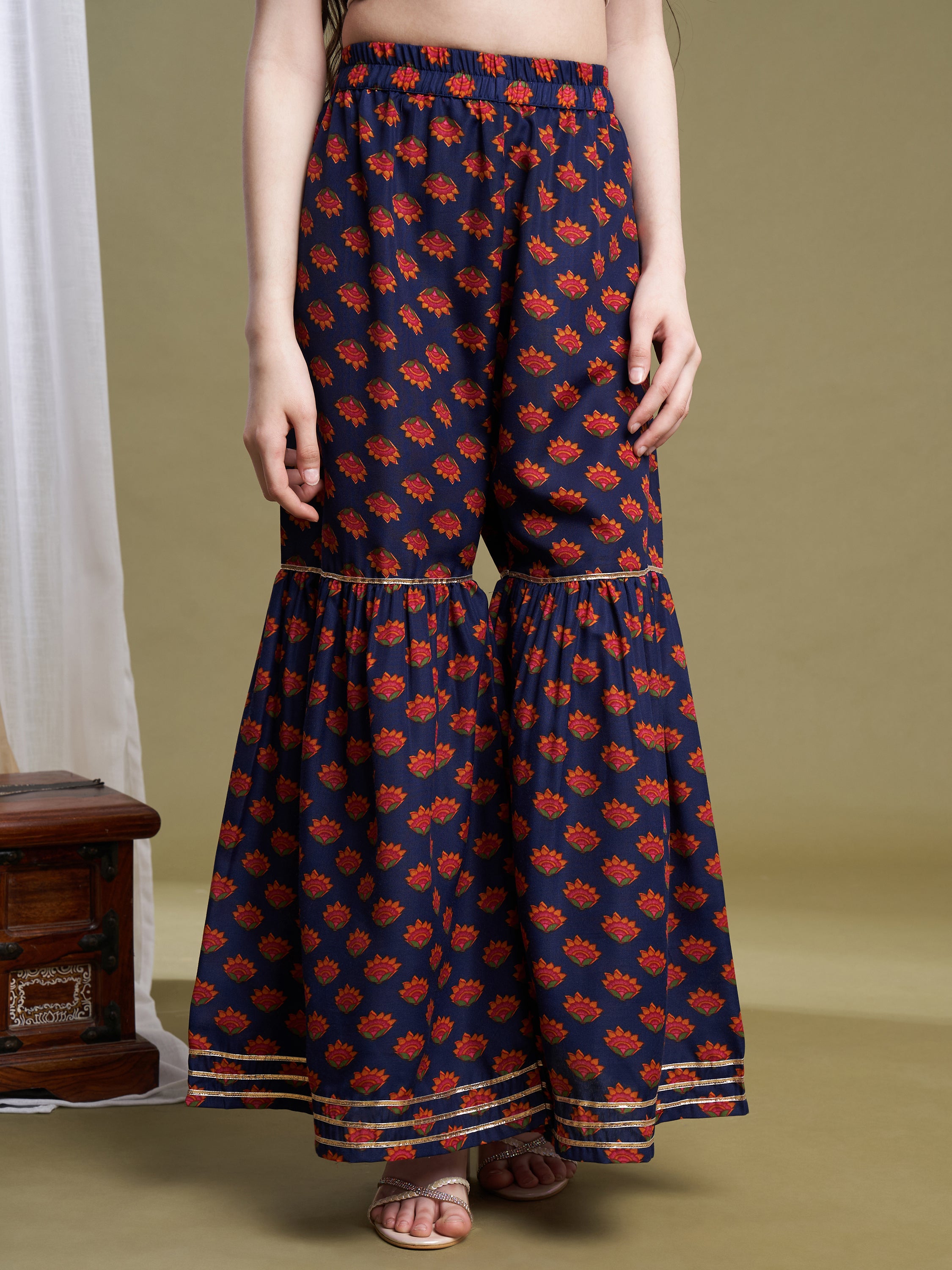 Girls Navy Blue Poly Cotton Printed Kurta Sharara Set