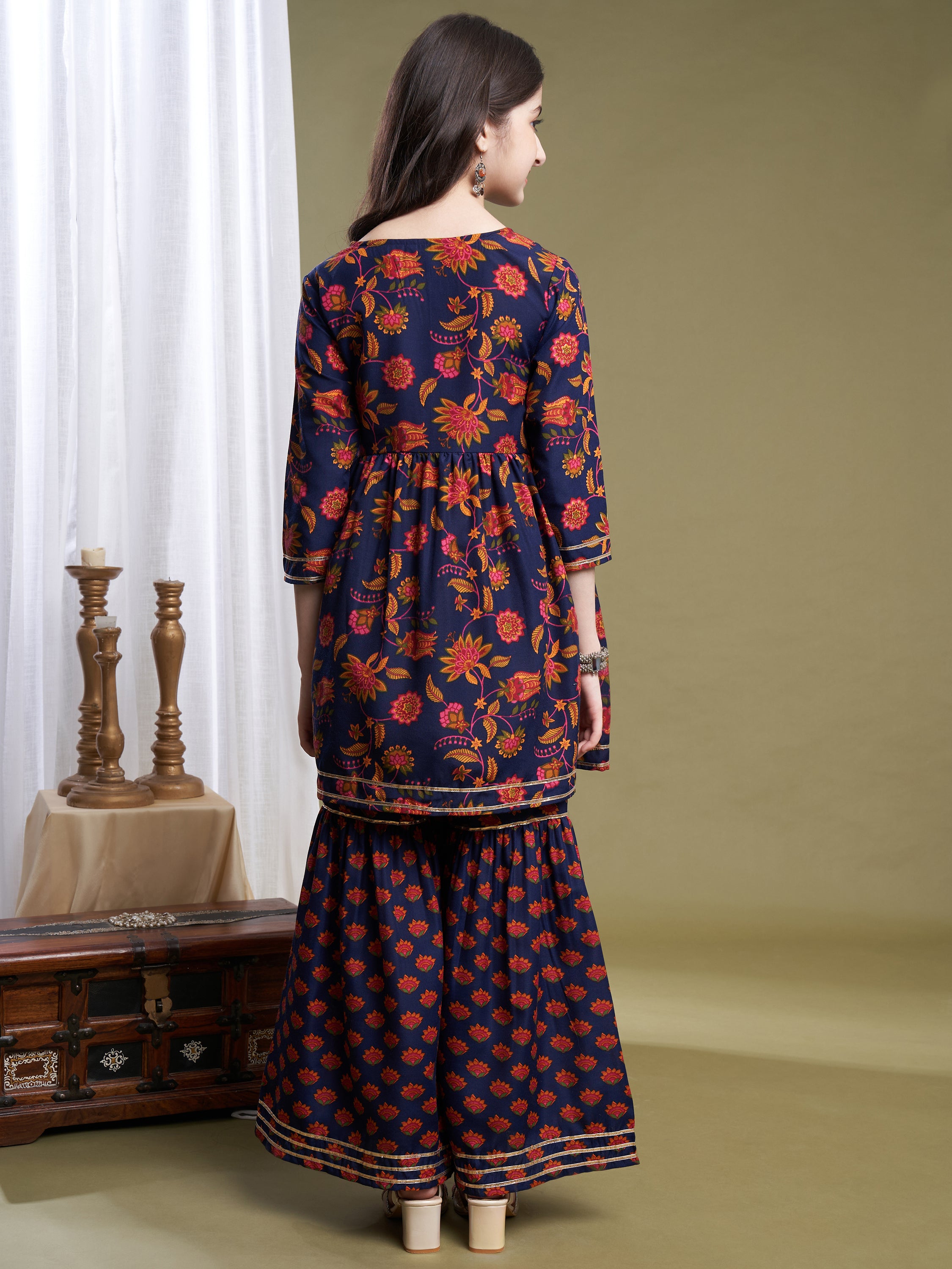 Girls Navy Blue Poly Cotton Printed Kurta Sharara Set