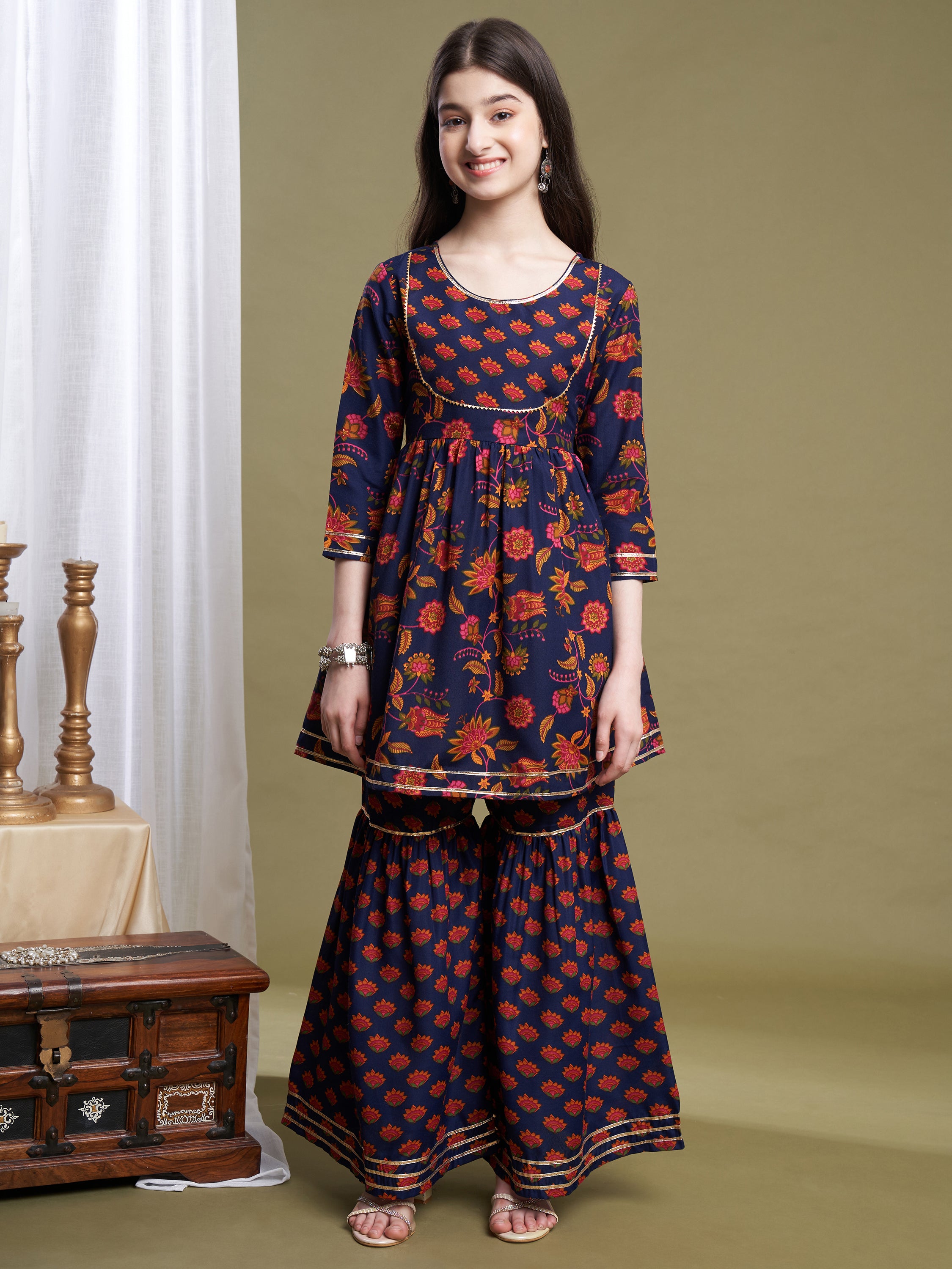 Girls Navy Blue Poly Cotton Printed Kurta Sharara Set