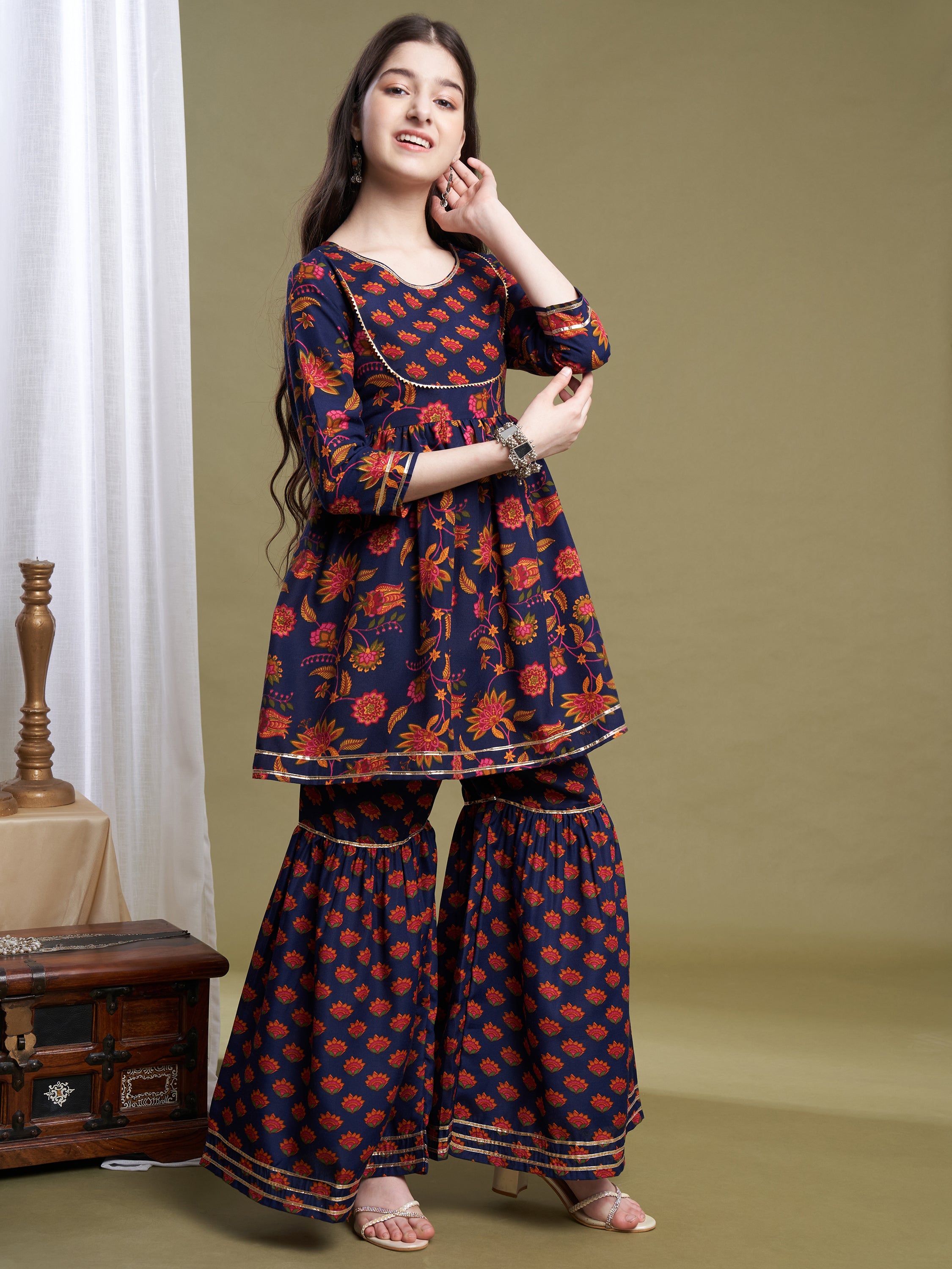 Girls Navy Blue Poly Cotton Printed Kurta Sharara Set