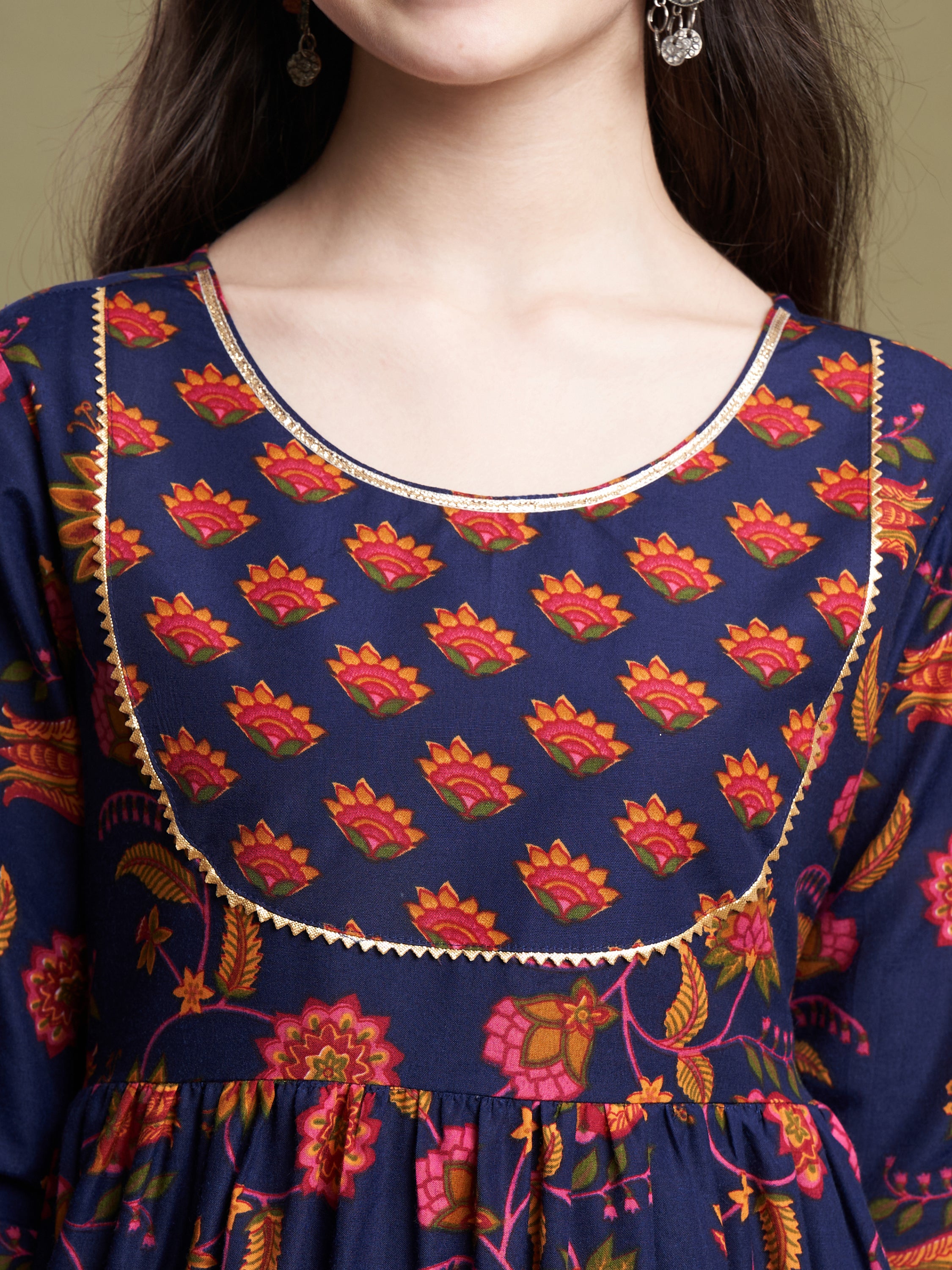 Girls Navy Blue Poly Cotton Printed Kurta Sharara Set