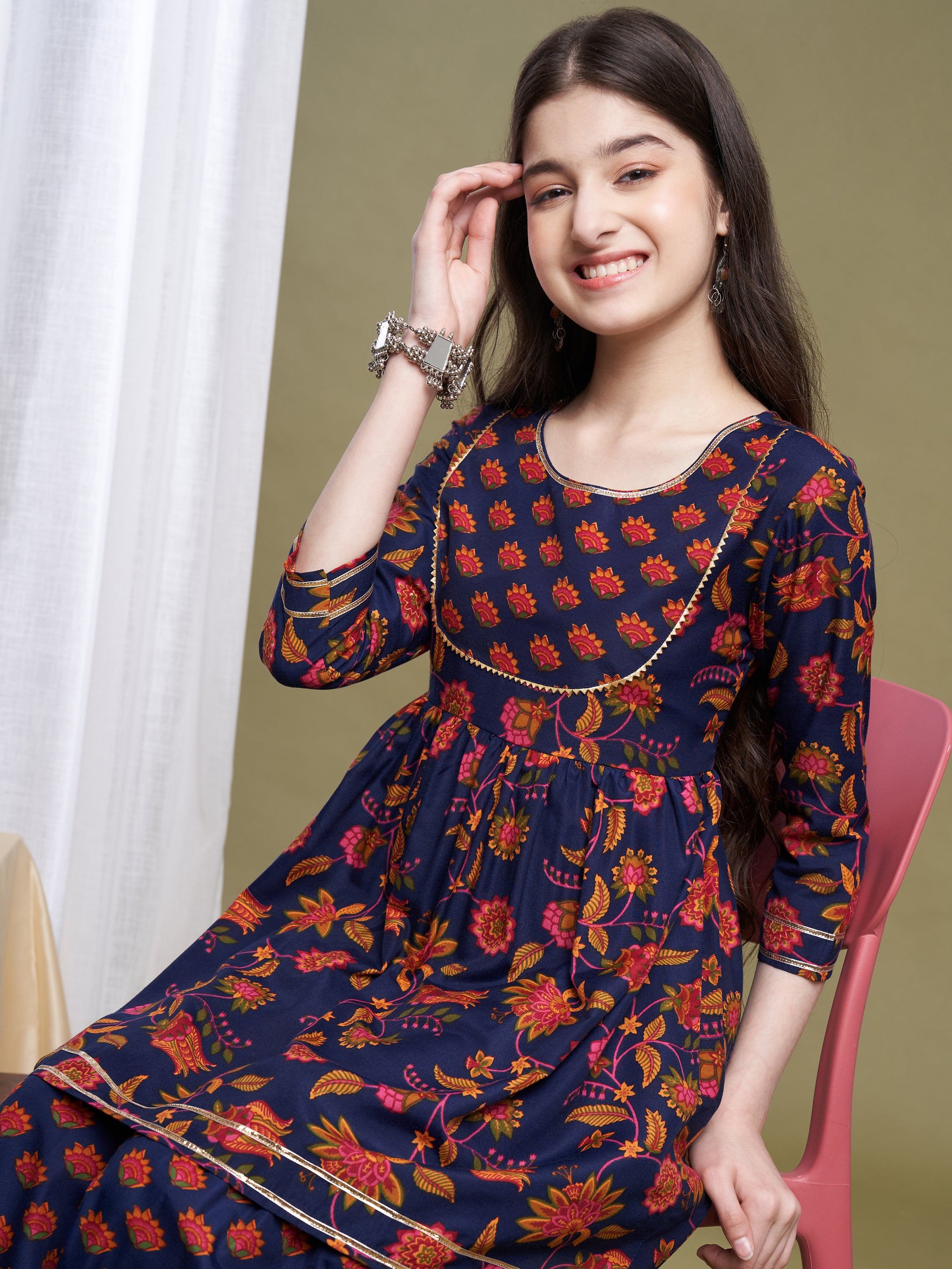 Girls Navy Blue Poly Cotton Printed Kurta Sharara Set