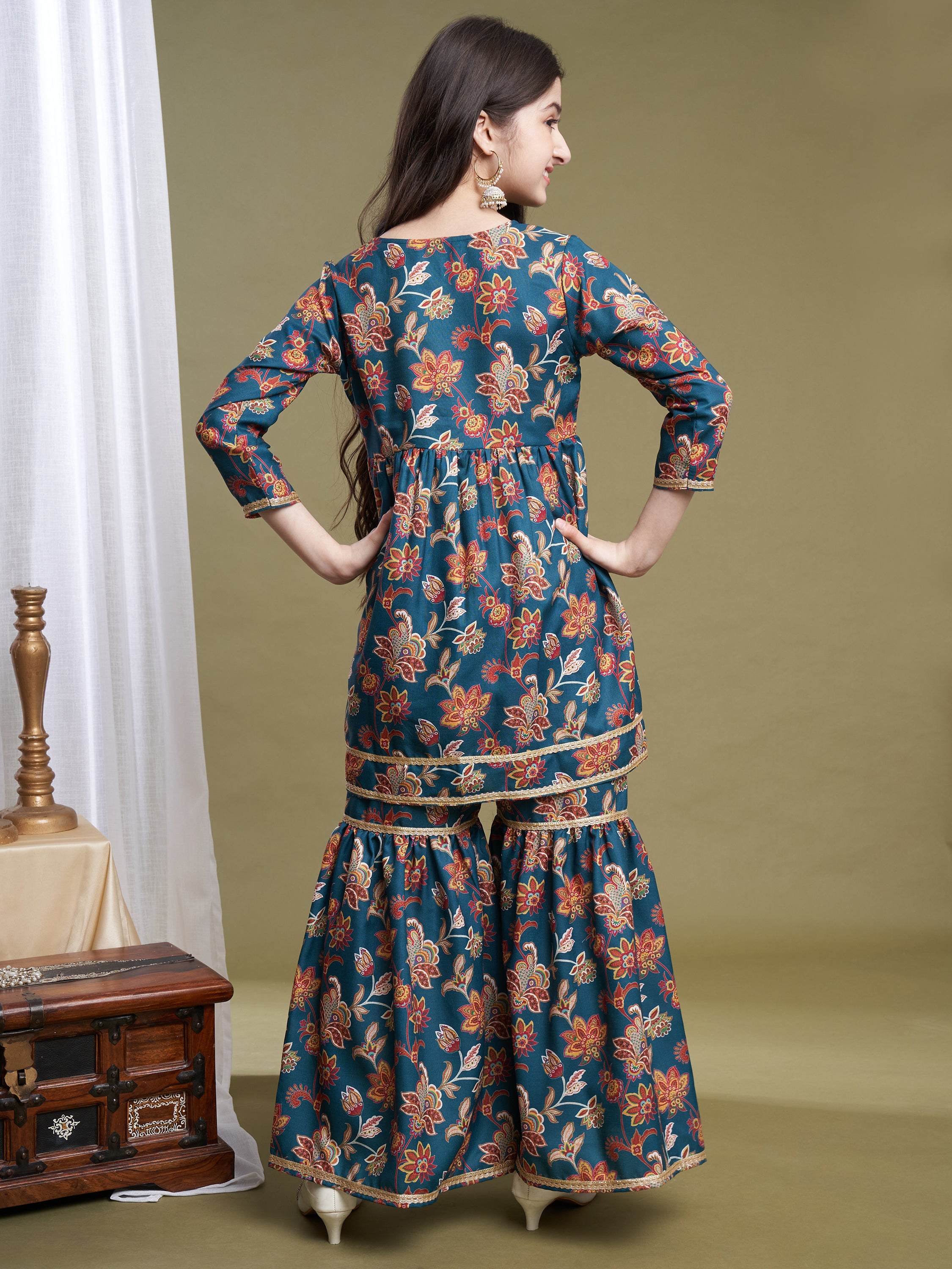 Girls Green Poly Cotton Printed Kurta Sharara Set
