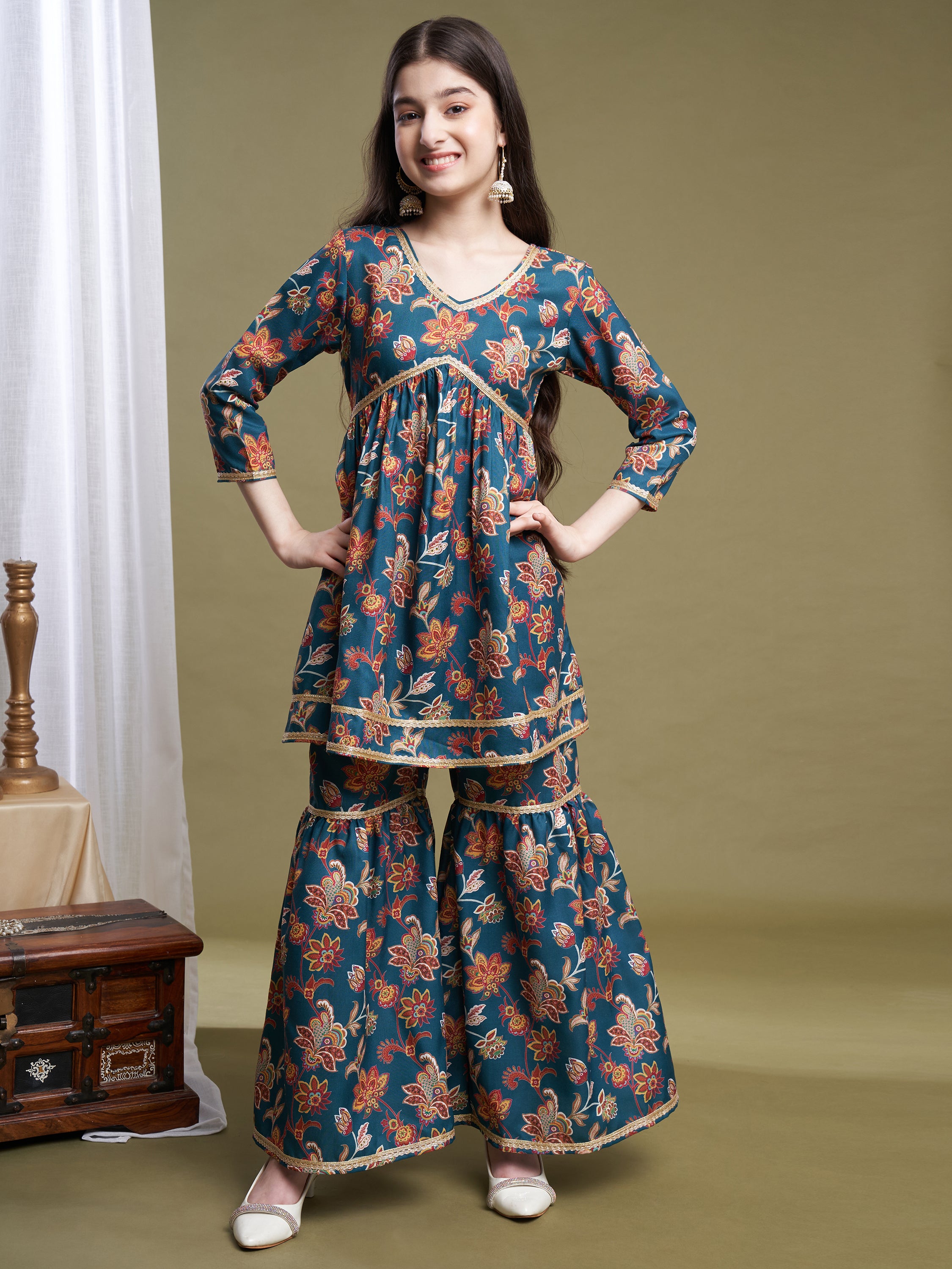 Girls Green Poly Cotton Printed Kurta Sharara Set