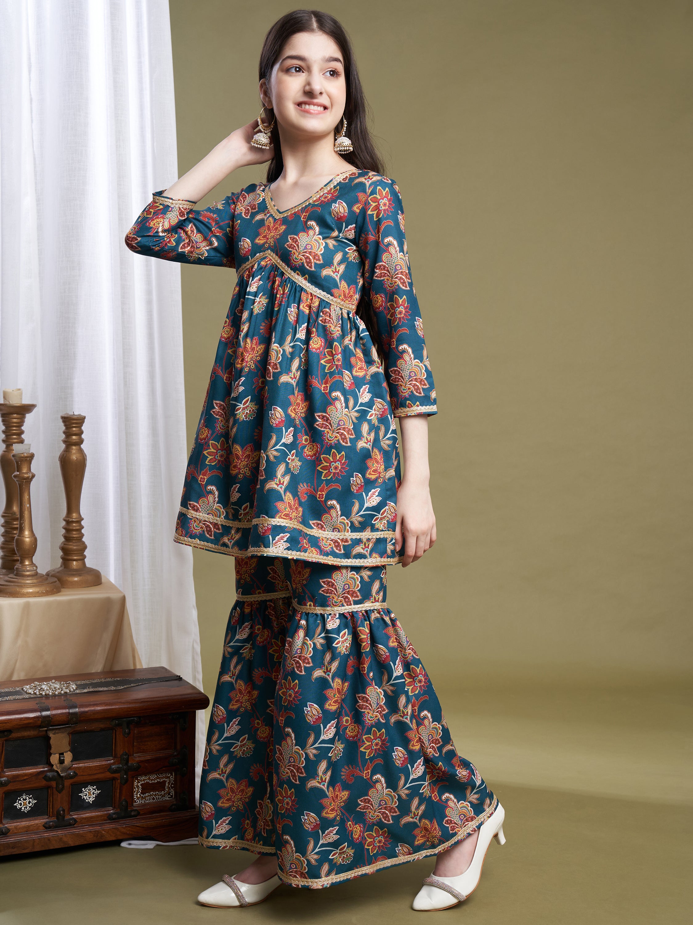 Girls Green Poly Cotton Printed Kurta Sharara Set