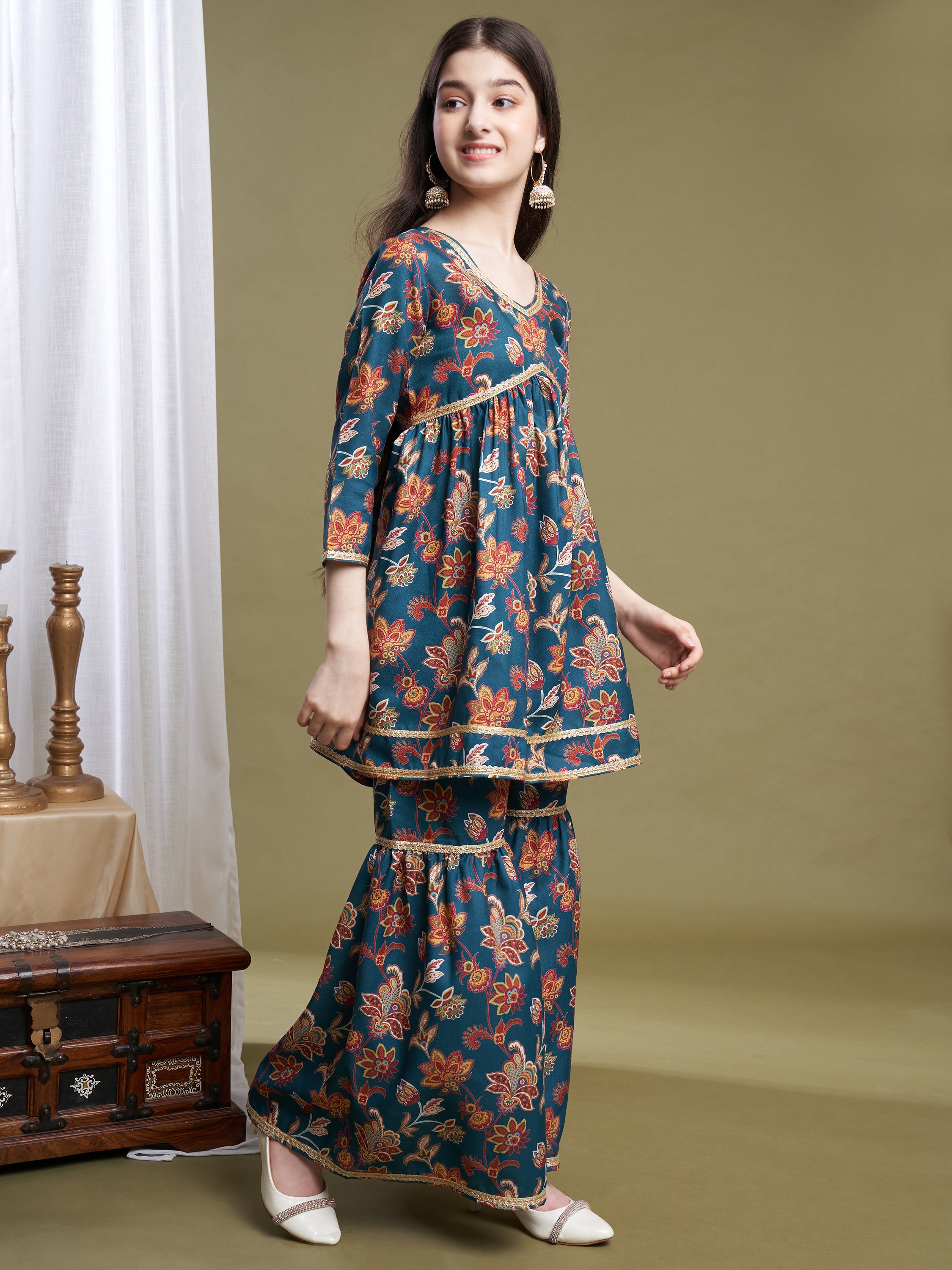 Girls Green Poly Cotton Printed Kurta Sharara Set