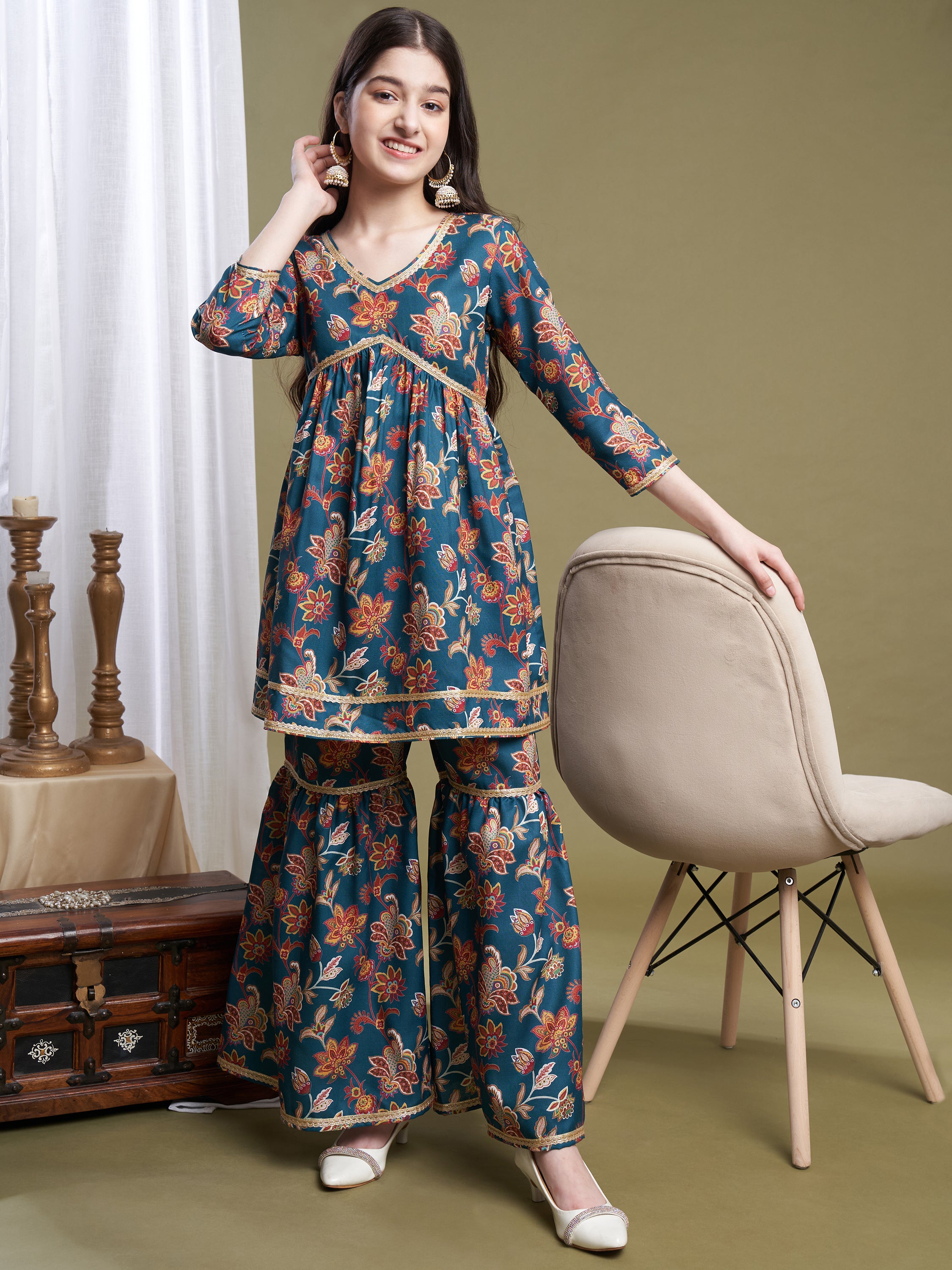 Girls Green Poly Cotton Printed Kurta Sharara Set