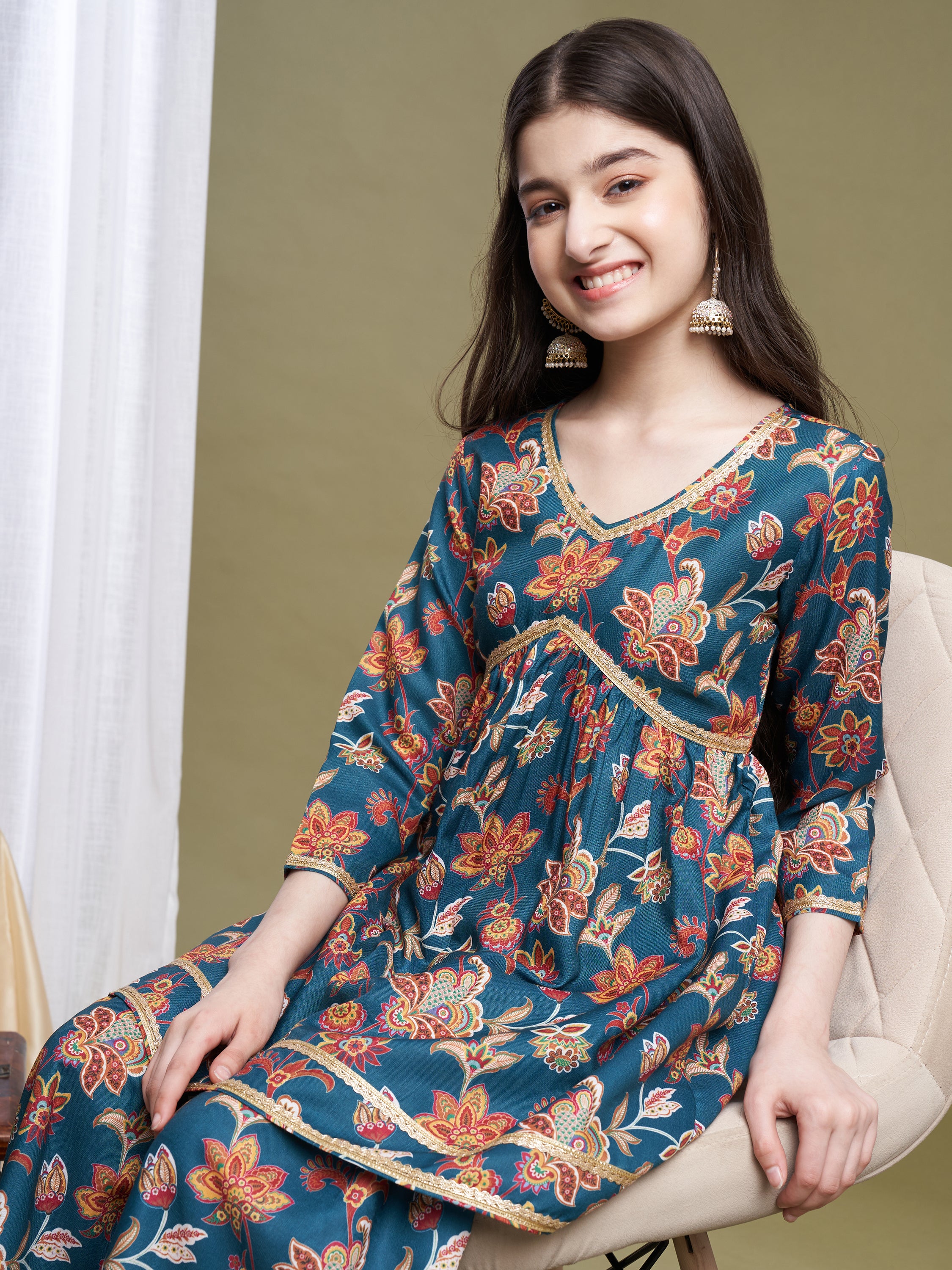Girls Green Poly Cotton Printed Kurta Sharara Set