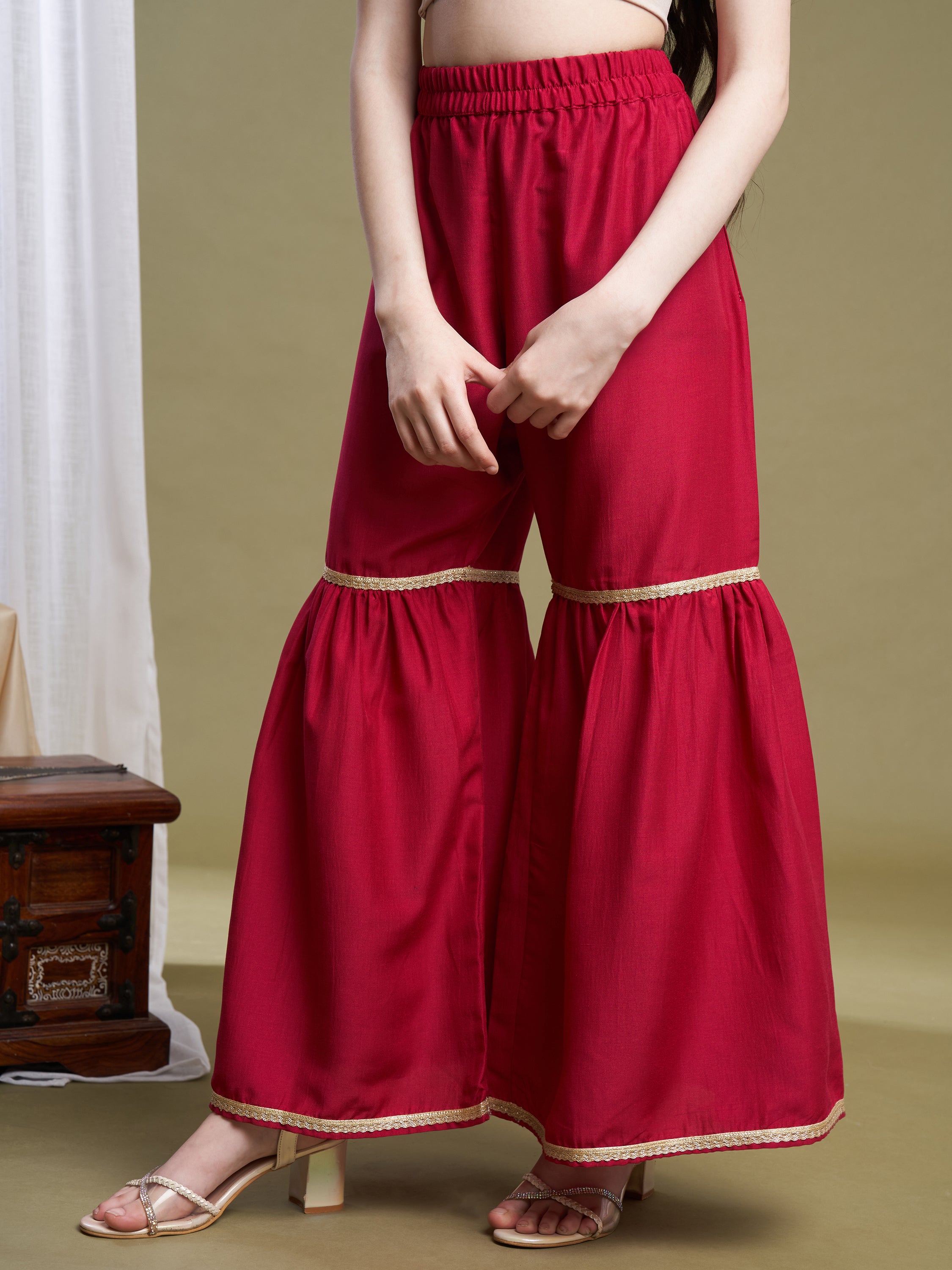 Girls Yellow-Pink Organza Printed Kurta Sharara Set