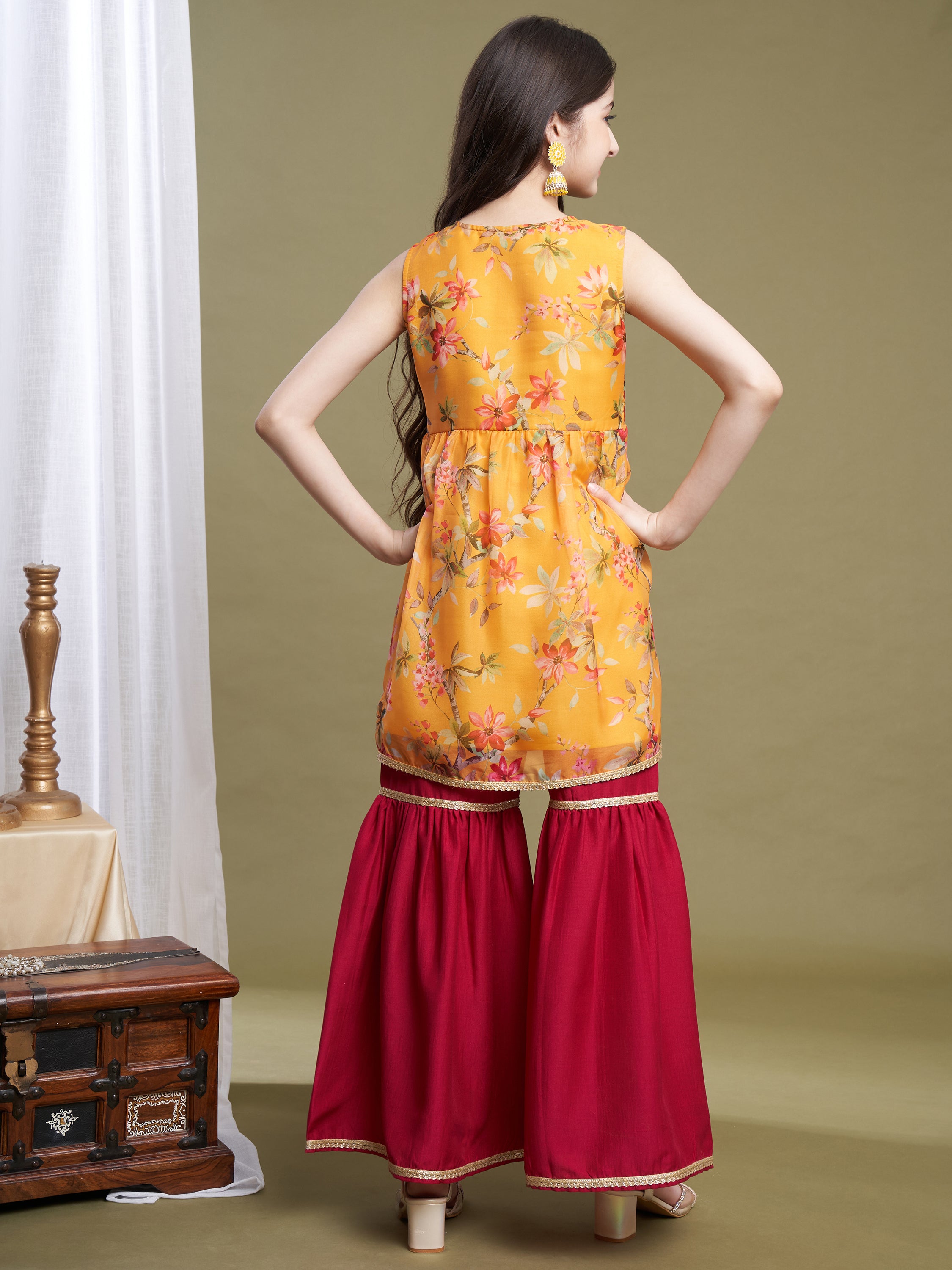 Girls Yellow-Pink Organza Printed Kurta Sharara Set