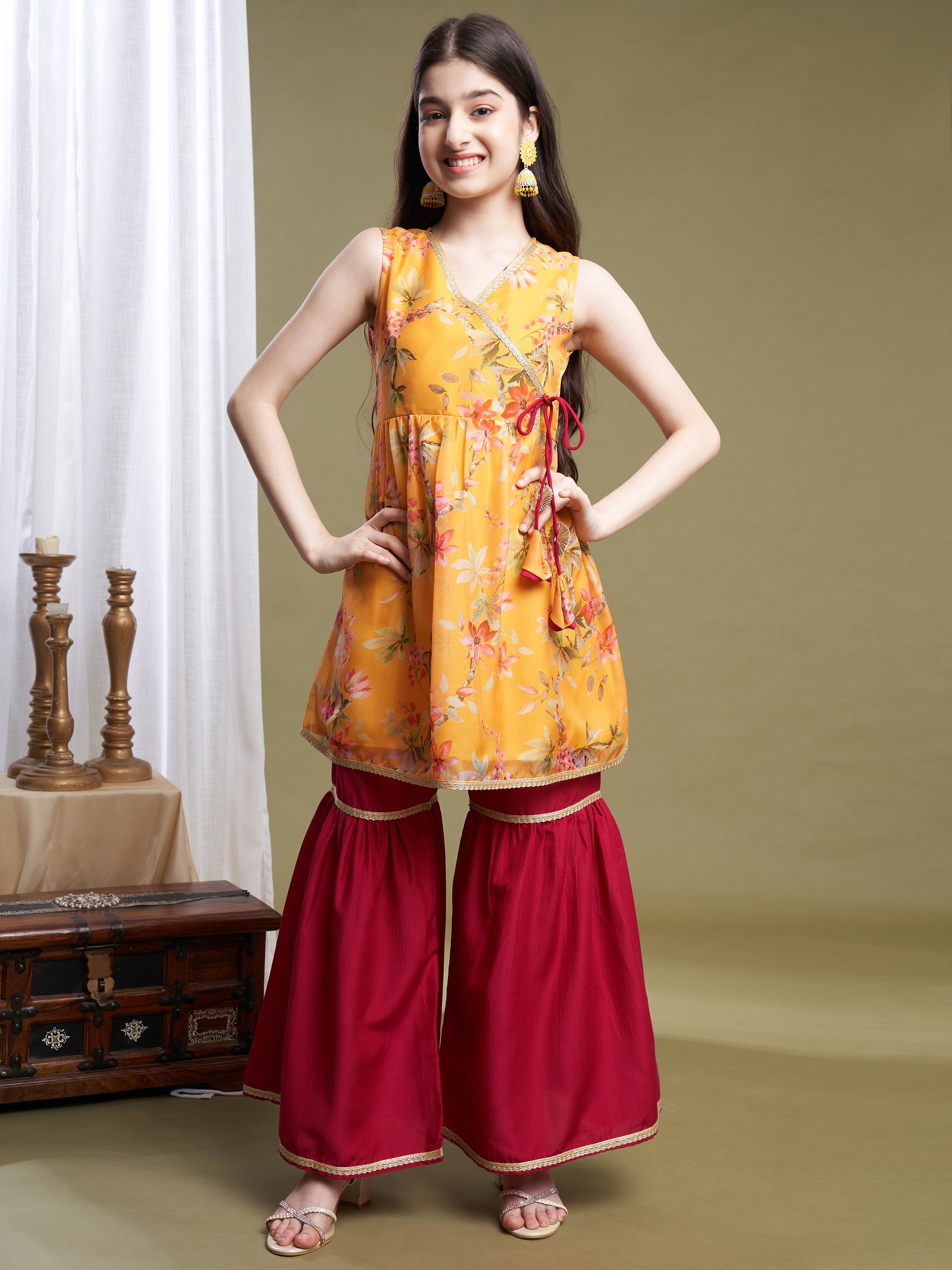 Girls Yellow-Pink Organza Printed Kurta Sharara Set