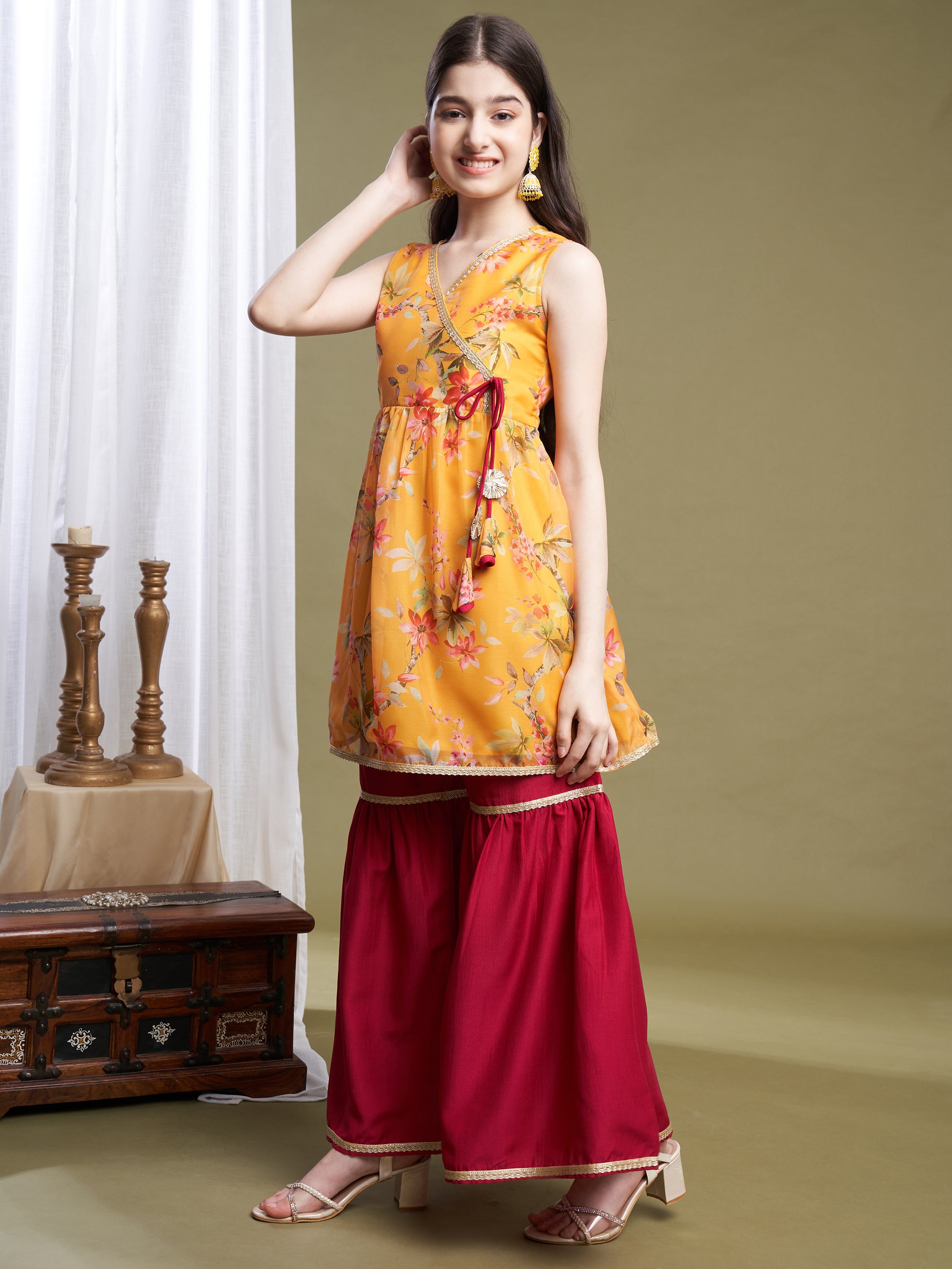 Girls Yellow-Pink Organza Printed Kurta Sharara Set