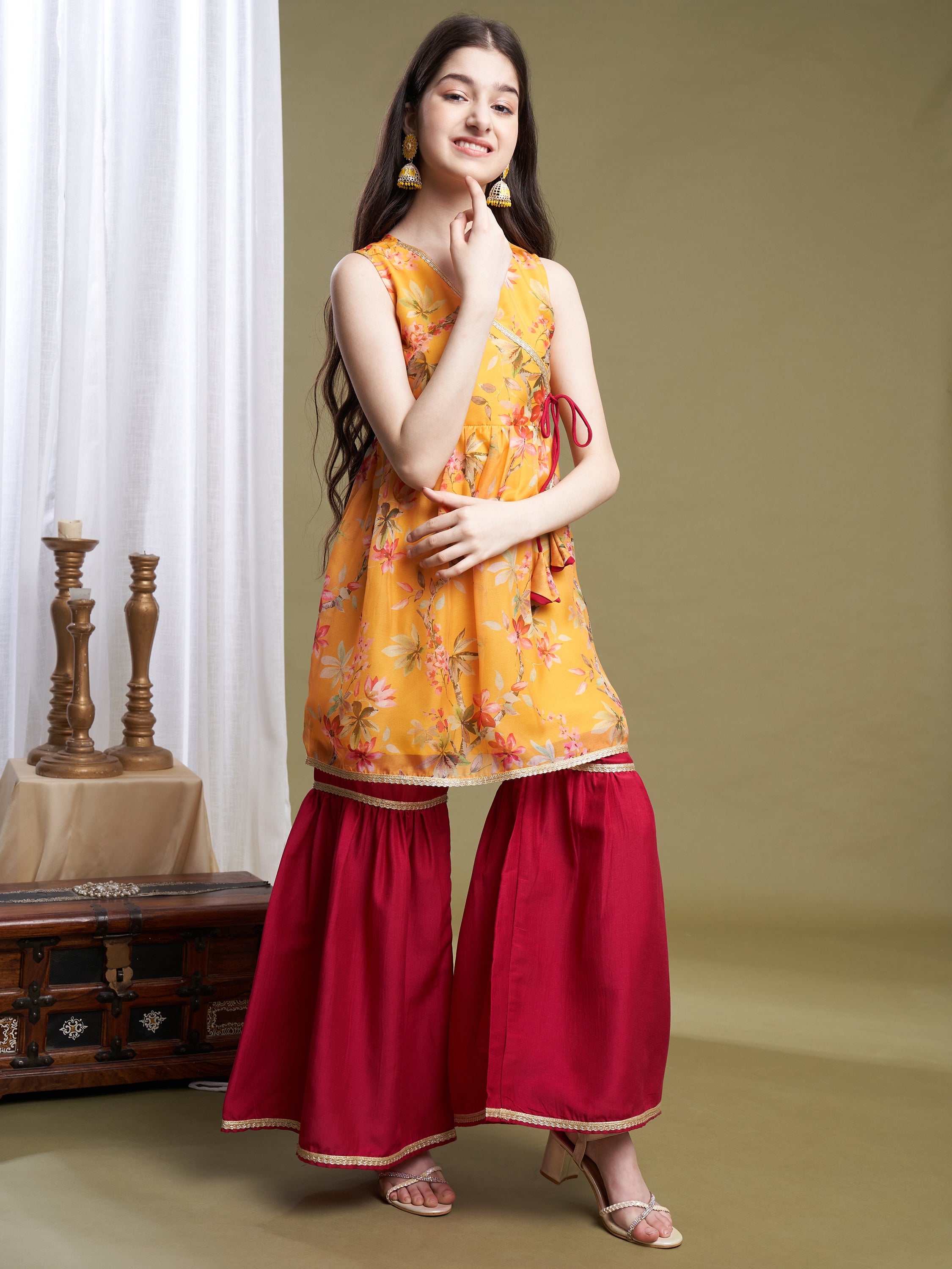 Girls Yellow-Pink Organza Printed Kurta Sharara Set